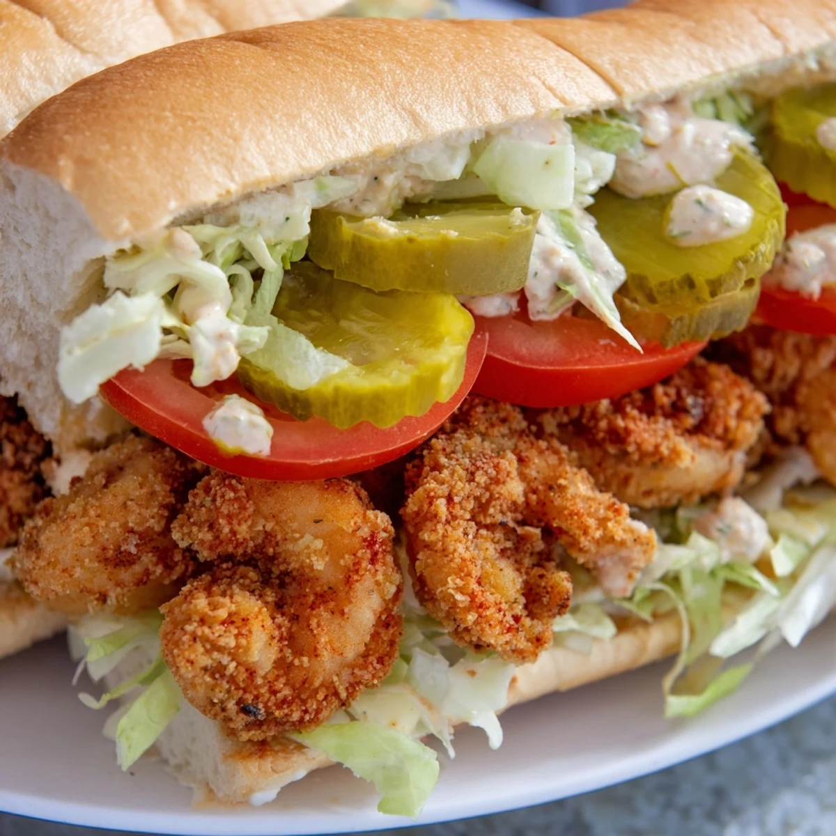 A close-up of a Southern Shrimp Po Boy shows the Cajun-seasoned shrimp peeking out from fresh veggies and creamy remoulade sauce.