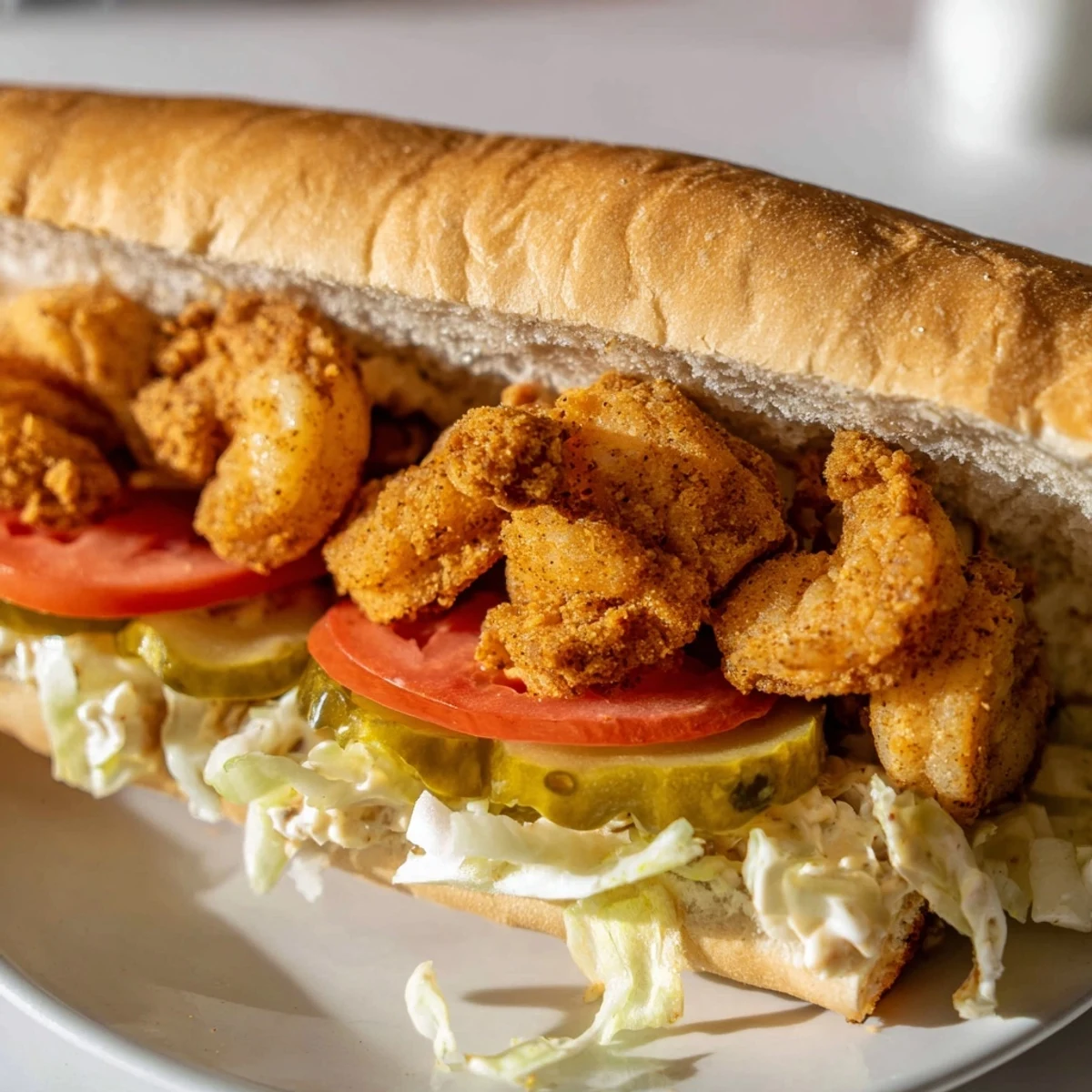A satisfying Southern Shrimp Po Boy sandwich on a wooden board, ready to be enjoyed with fries or a cold sweet tea.
