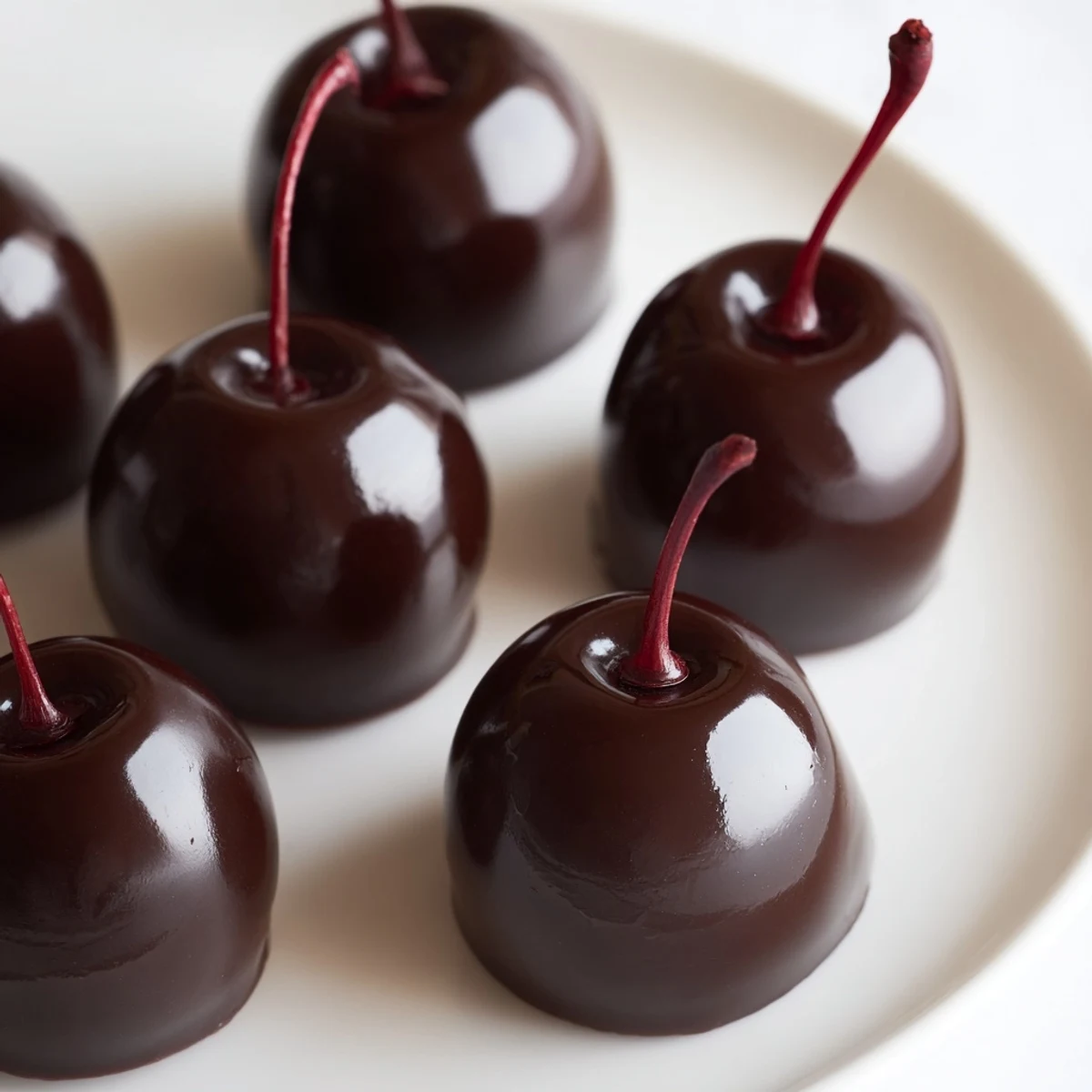 On a marble platter, these Chocolate Covered Cherries with Fondant Center glisten with rich chocolate coating.