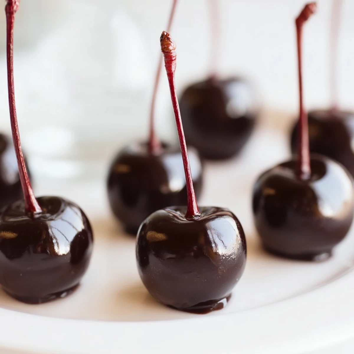 A close-up of Chocolate Covered Cherries with Fondant Center reveals a creamy fondant layer and maraschino cherry beneath the shell.