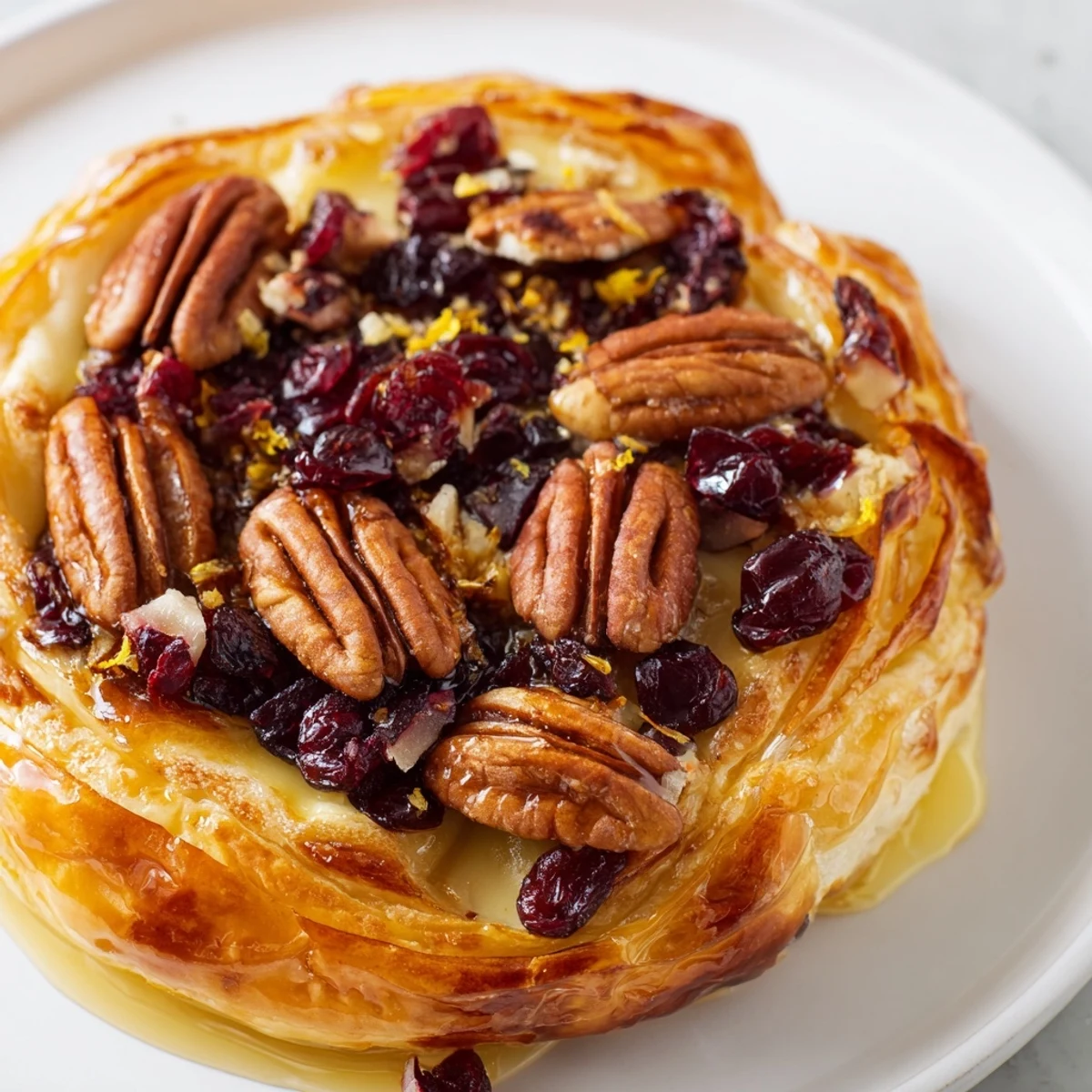 A close-up of golden, flaky Baked Brie with Cranberry and Pecan Topping, bubbling warmly on a festive platter.