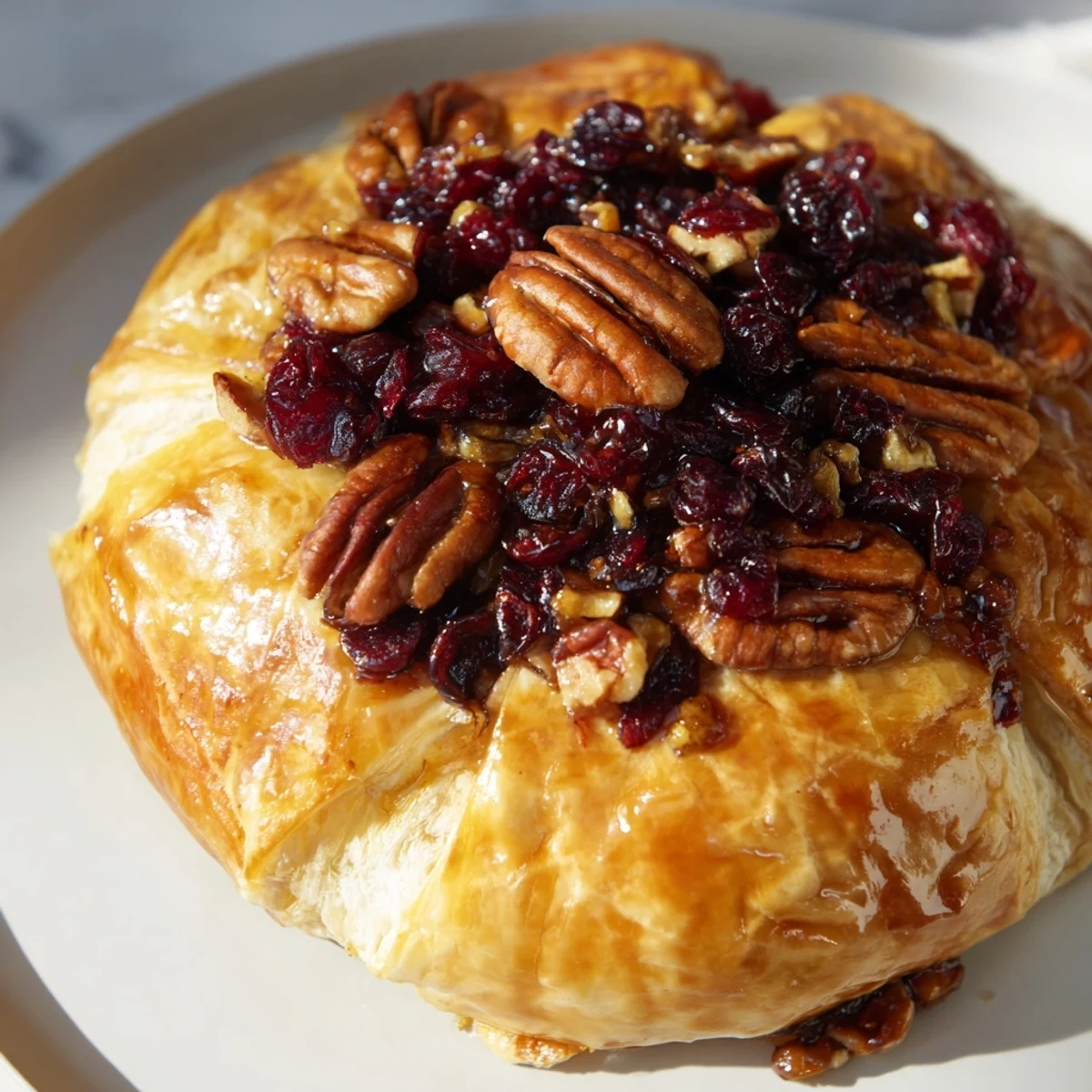 Fresh cranberries and toasted pecans spill from the pastry-wrapped Brie, with a honey drizzle glistening in the light.