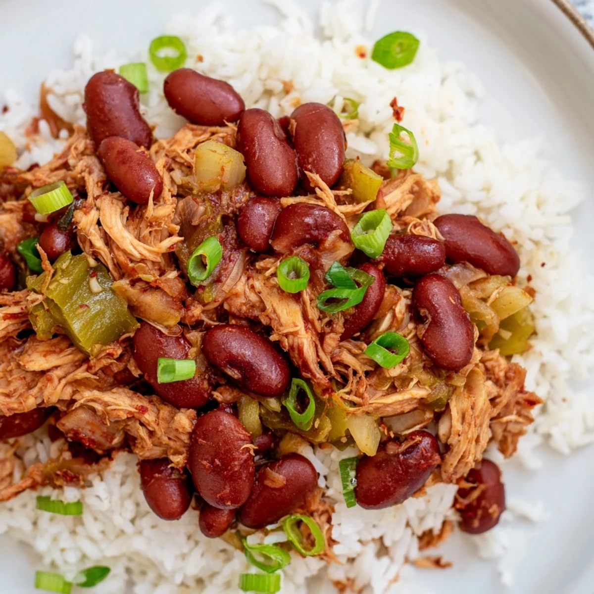 Hearty Creole Red Beans and Rice with Smoked Turkey garnished with green onions, alongside cornbread for a classic Southern supper.  