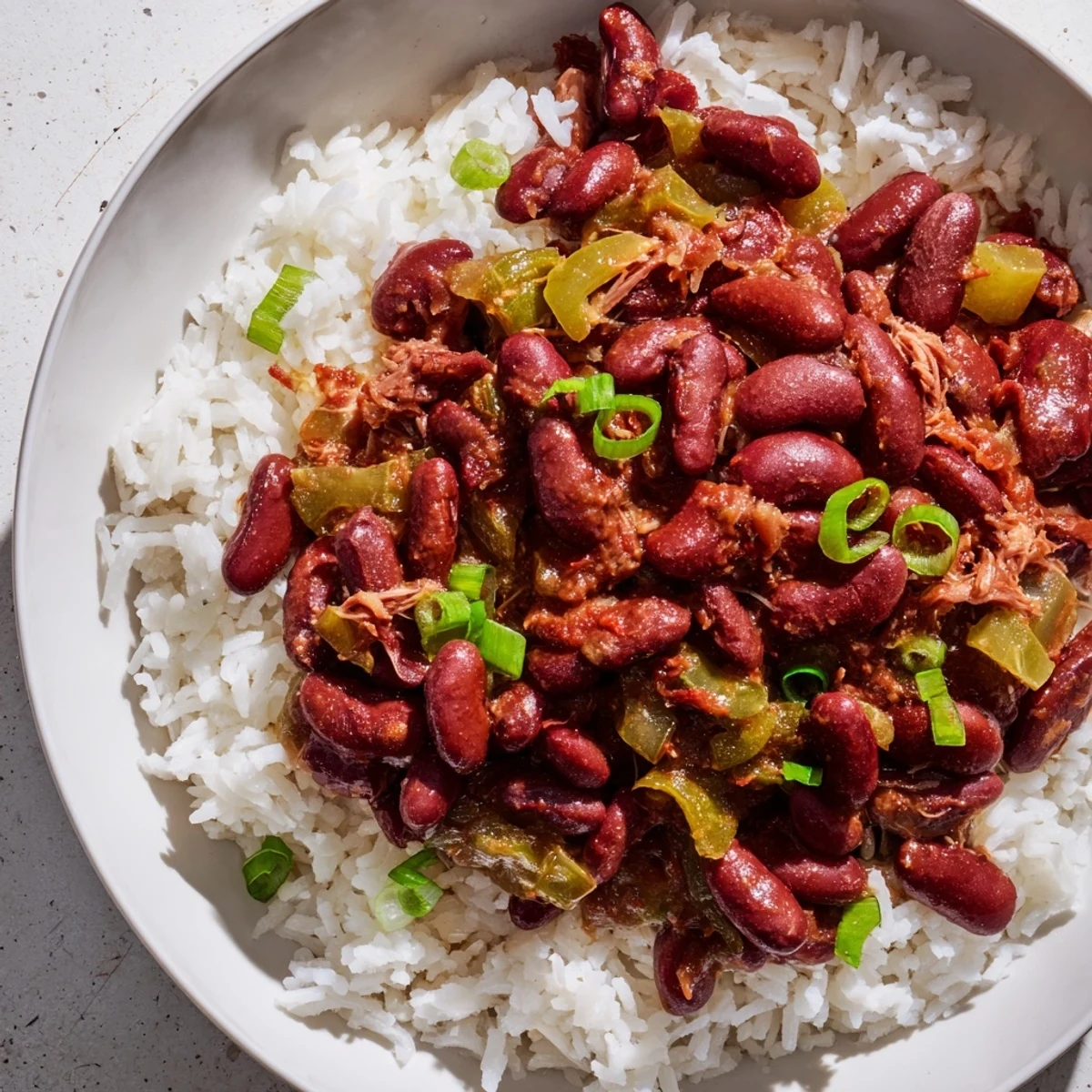 Creamy Creole Red Beans and Rice with Smoked Turkey ladled over white rice, with tender shredded turkey in a rich gravy.
