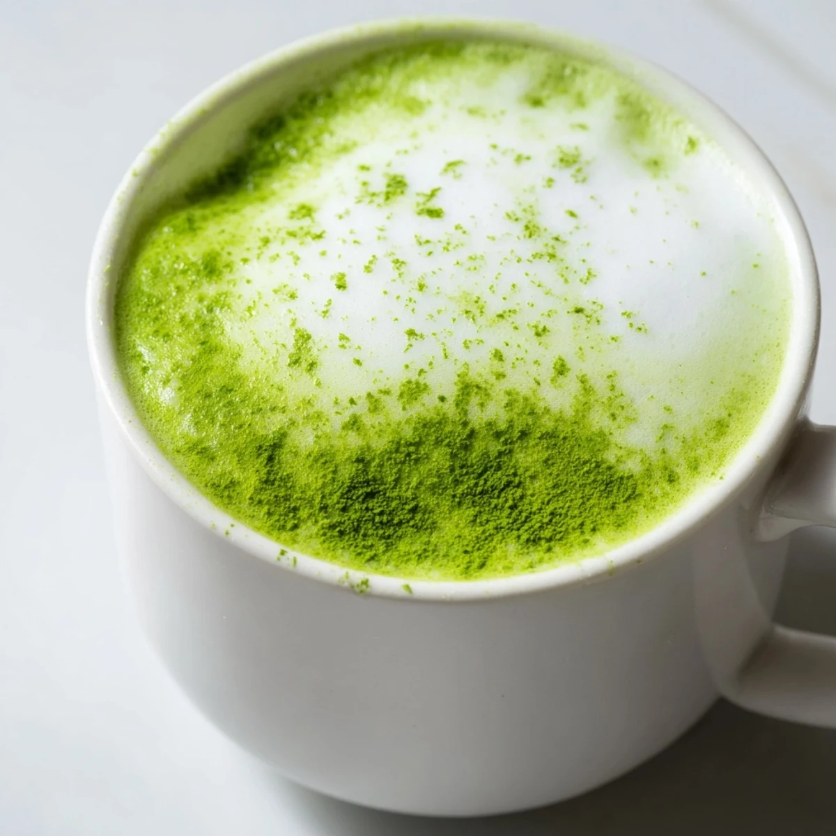 Green matcha latte with oat milk is whisked to silky smoothness, topped with foamy milk and a light dusting of matcha powder.
