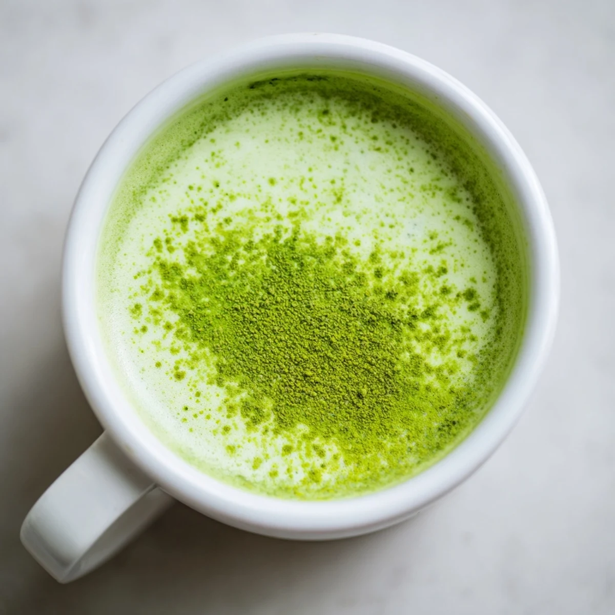 A vibrant green matcha latte with oat milk is poured in a glass mug, glowing beside a small bowl of matcha powder.
