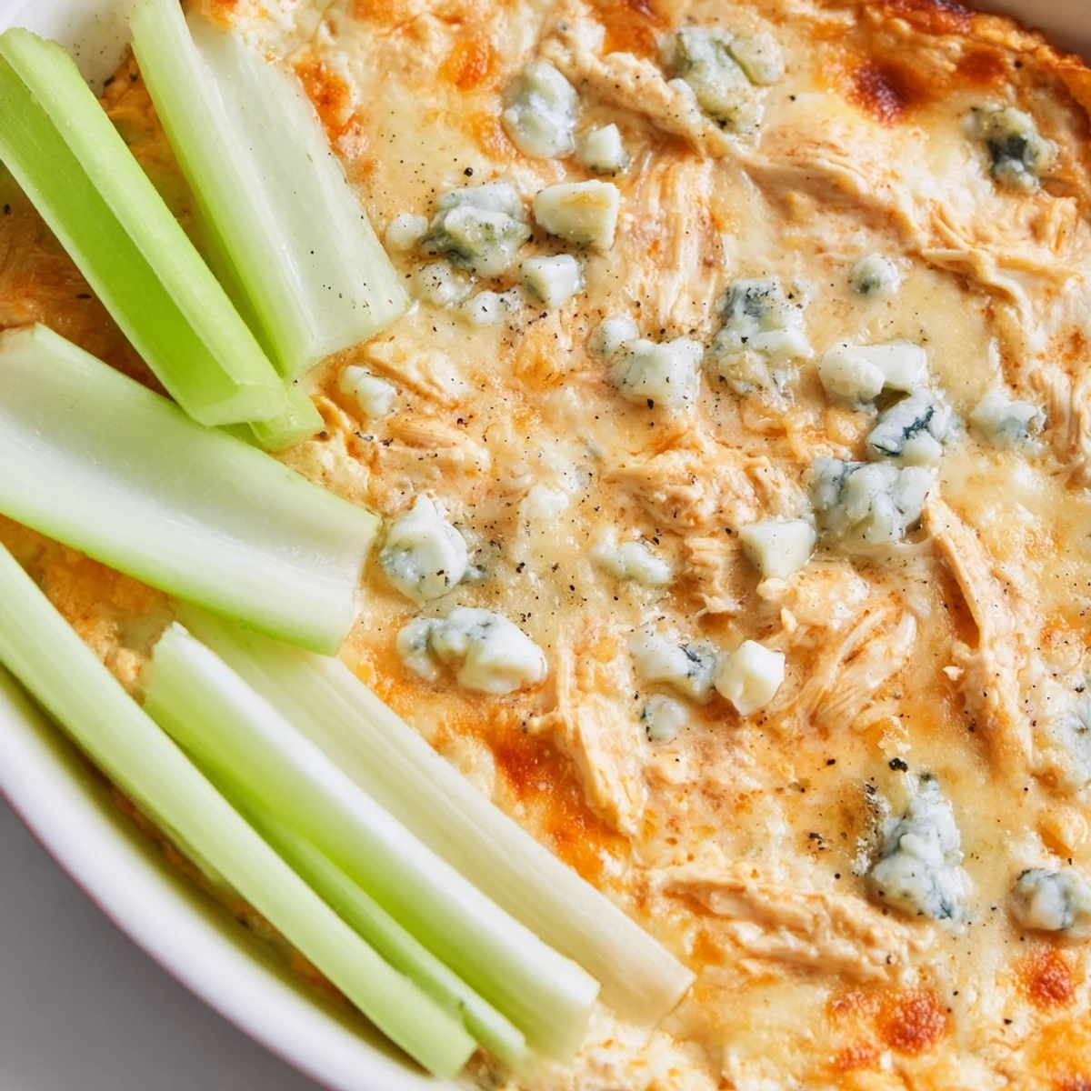 A close-up of creamy Spicy Buffalo Chicken Dip, topped with melted cheese and served alongside fresh celery.