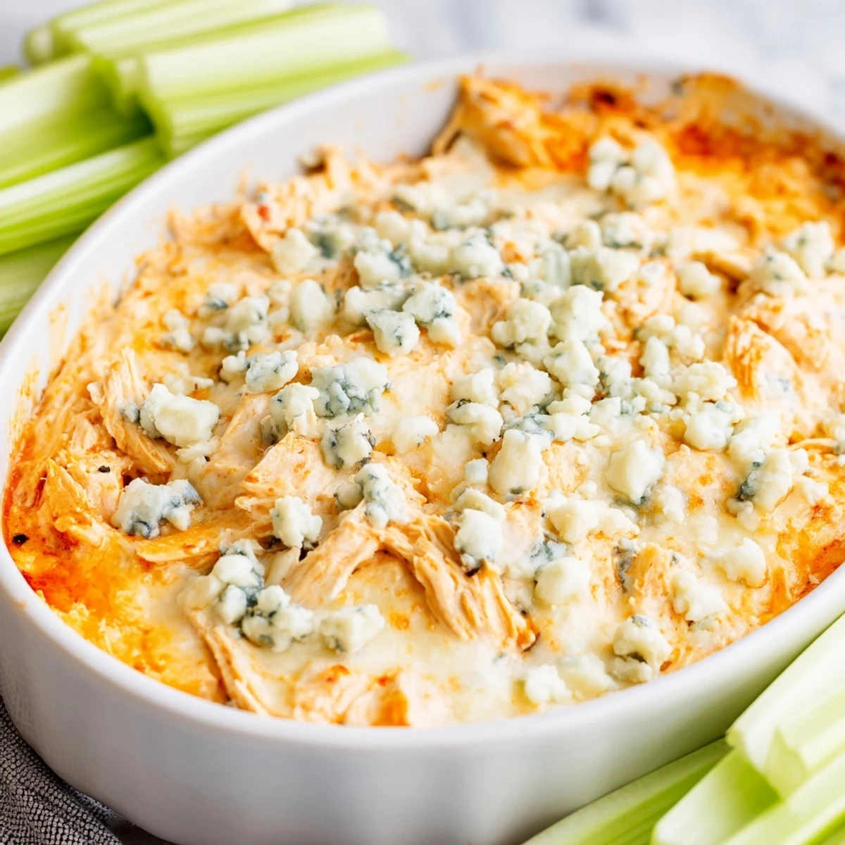 Golden, bubbling Spicy Buffalo Chicken Dip in a baking dish, with crisp celery sticks ready for dipping.