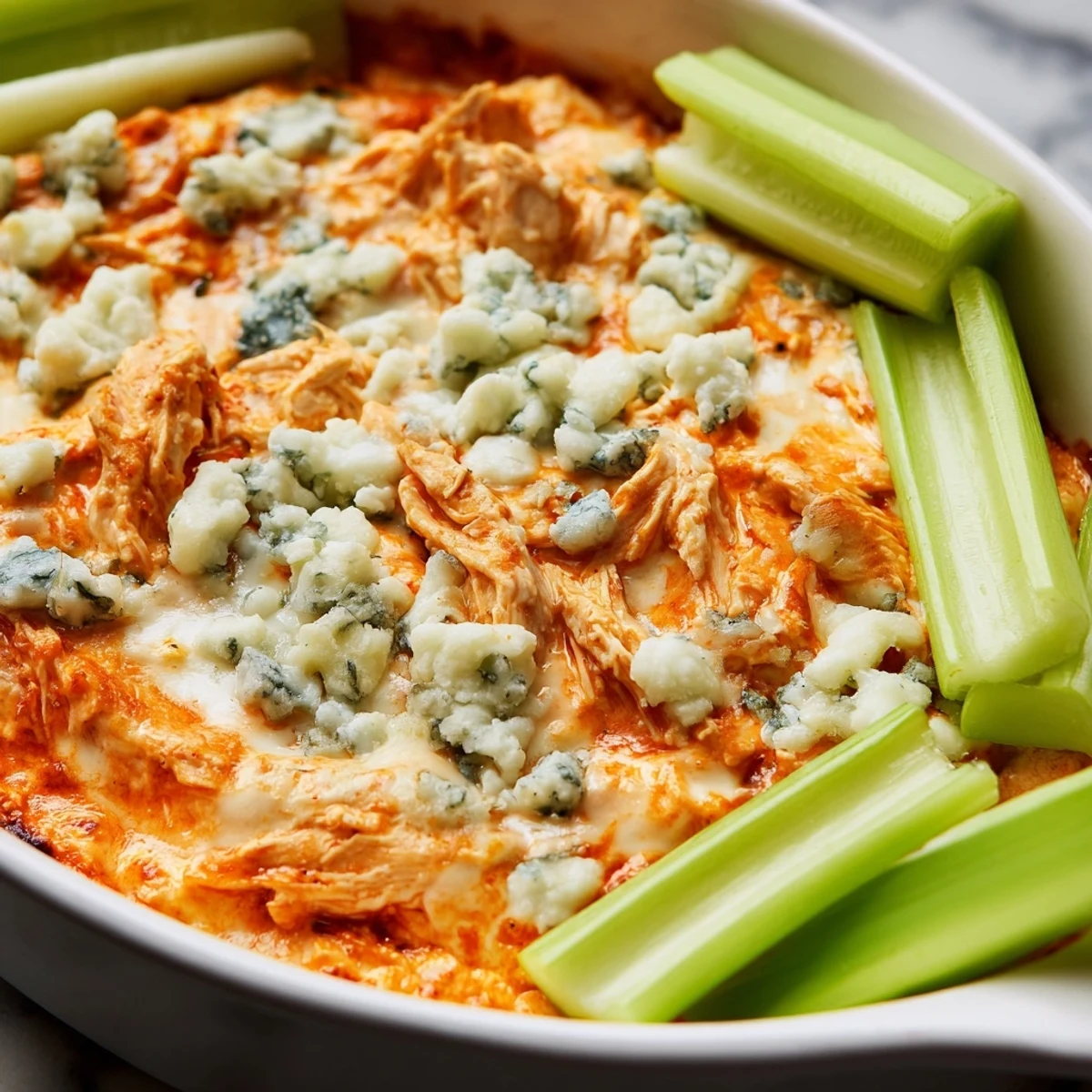 Spicy Buffalo Chicken Dip in a rustic skillet, garnished with blue cheese crumbles and celery sticks for dipping.