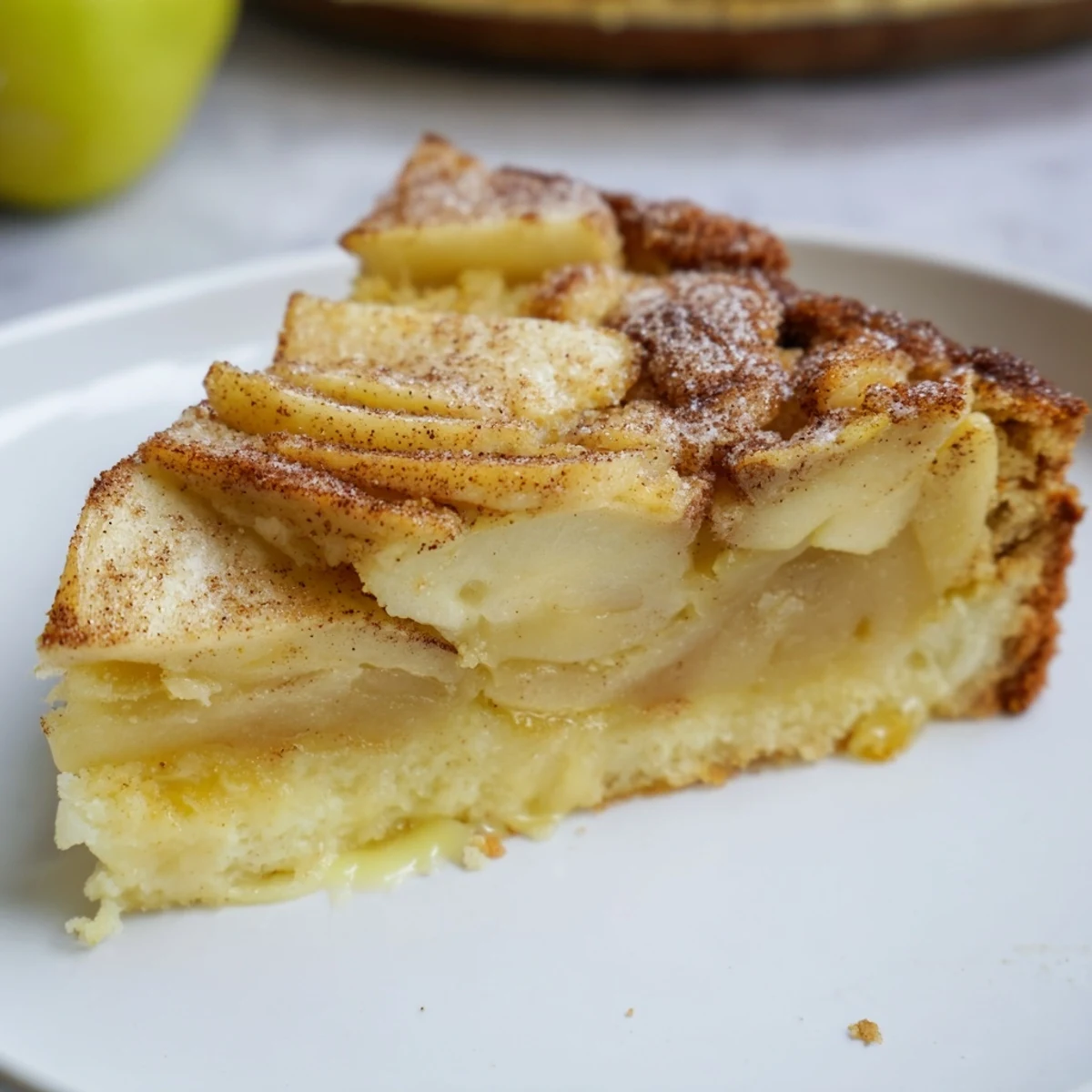 A rustic Irish Apple Cake with tender tart apples, paired with a bowl of homemade warm vanilla custard.