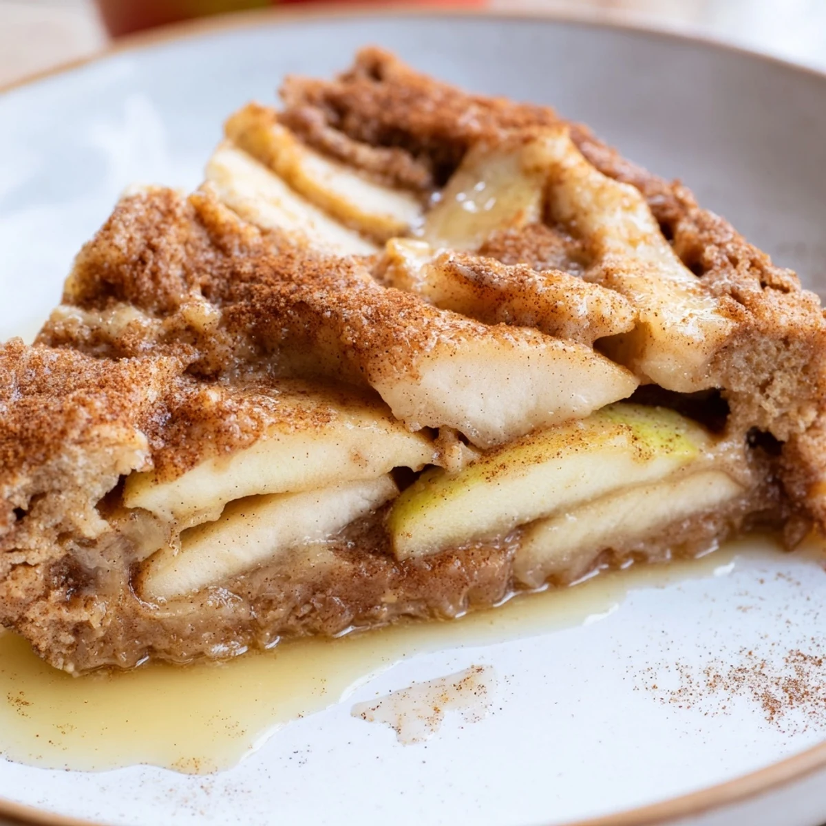 Moist, golden Irish Apple Cake with spiced apple slices, drizzled generously with rich vanilla custard sauce.