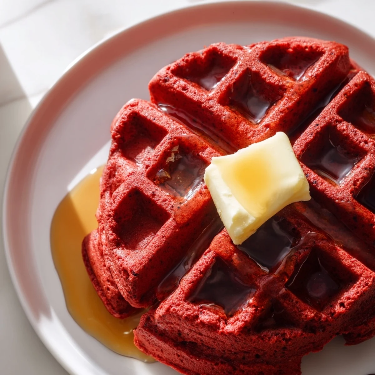 A close-up of fluffy Red Velvet Waffles with Maple Syrup and Butter, showing a rich red crumb and melting butter pat.  