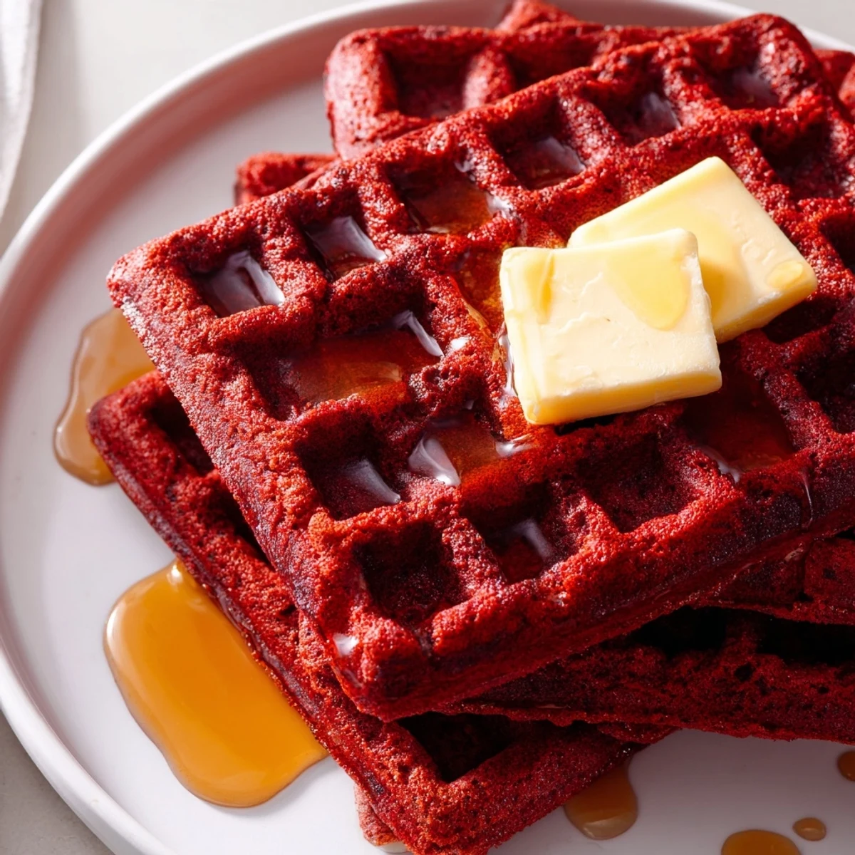 Vibrant red velvet waffles topped with butter and a drizzle of maple syrup on a rustic wooden brunch table.  