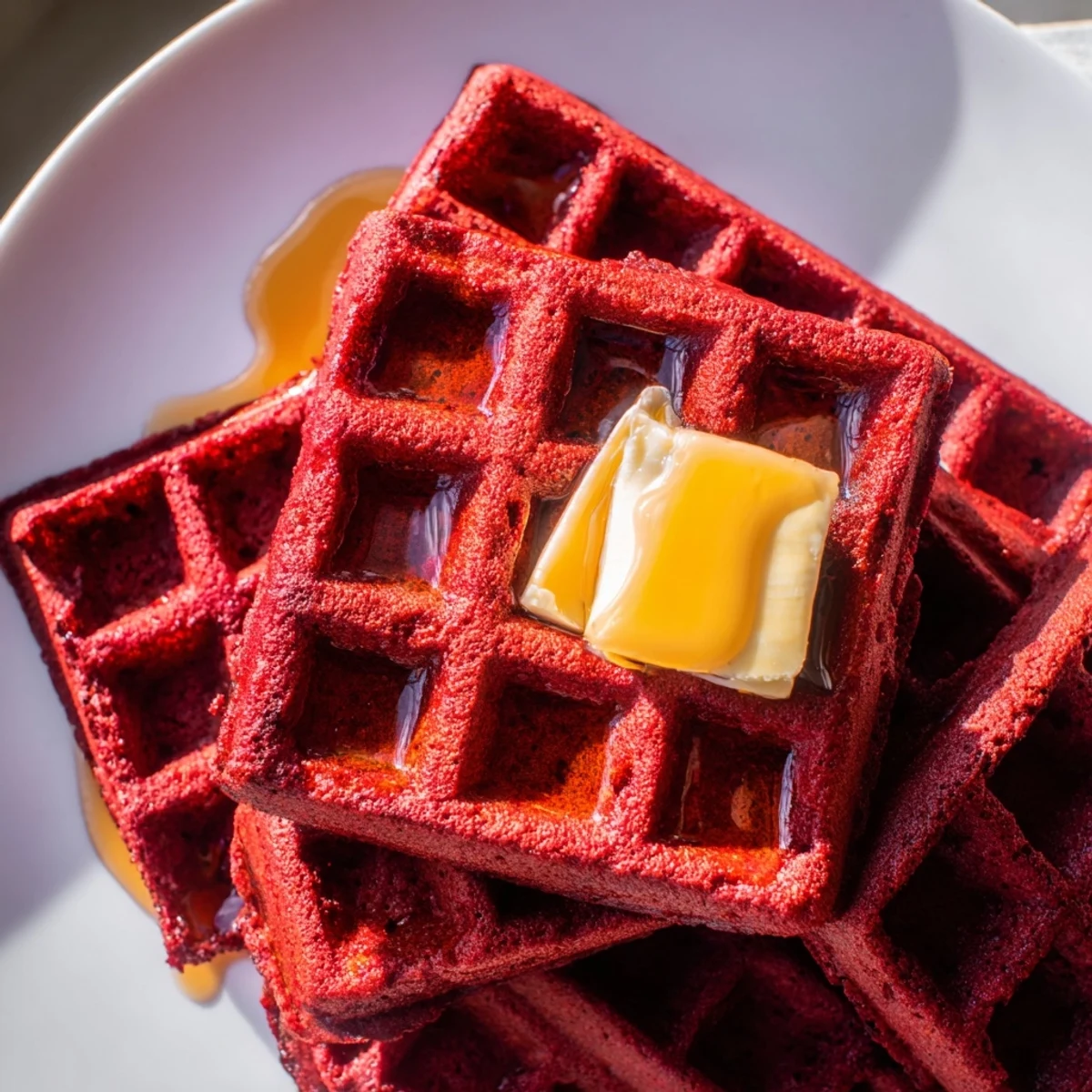 Golden, crisp Red Velvet Waffles with Maple Syrup and Butter served warm, ready for a sweet breakfast treat.