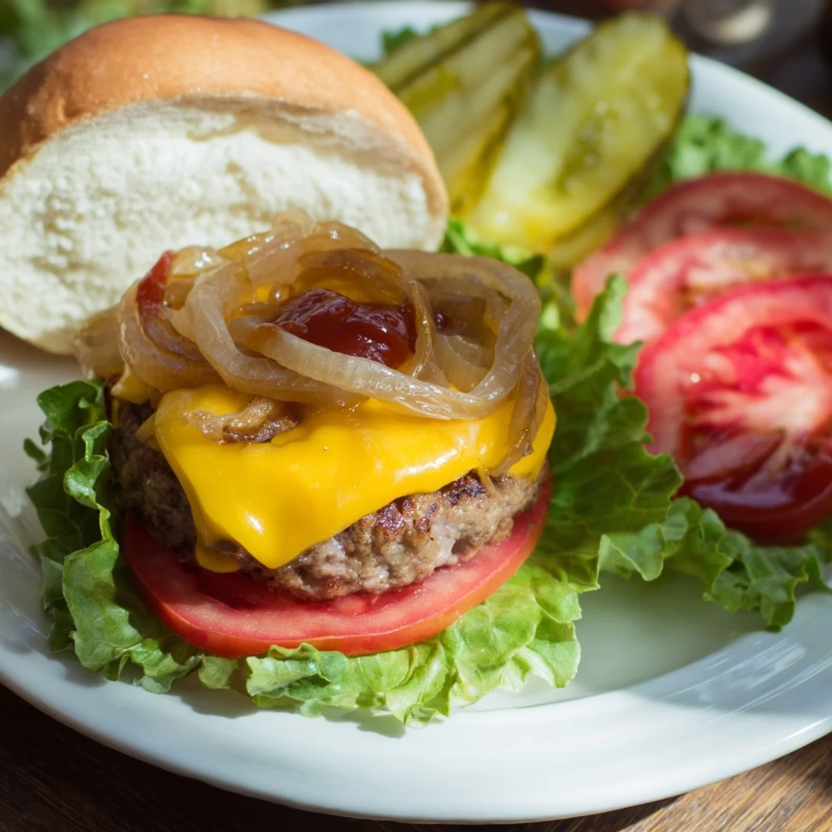 Homemade Classic Beef Burgers with Caramelized Onions, featuring golden onions on toasted buns with lettuce and tomato.