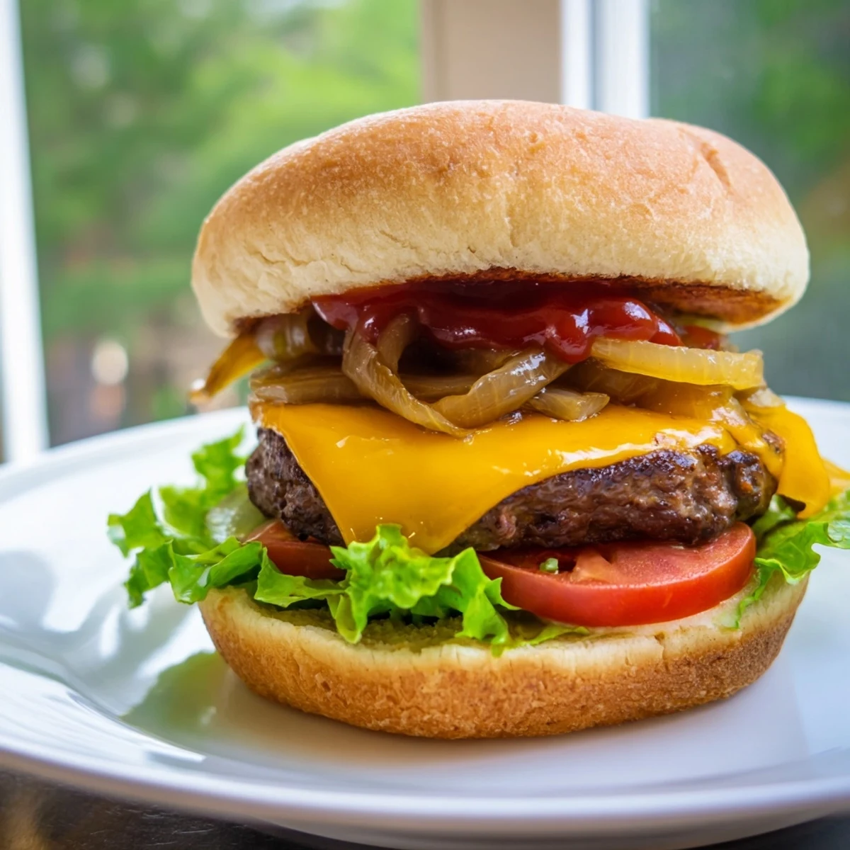 Juicy Classic Beef Burgers with Caramelized Onions, sizzling on the grill and topped with melty cheddar and pickles.