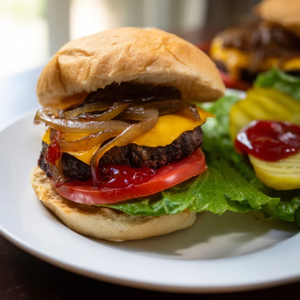 Close-up of Classic Beef Burgers with Caramelized Onions on a platter, showcasing sweet golden onions and fresh toppings.