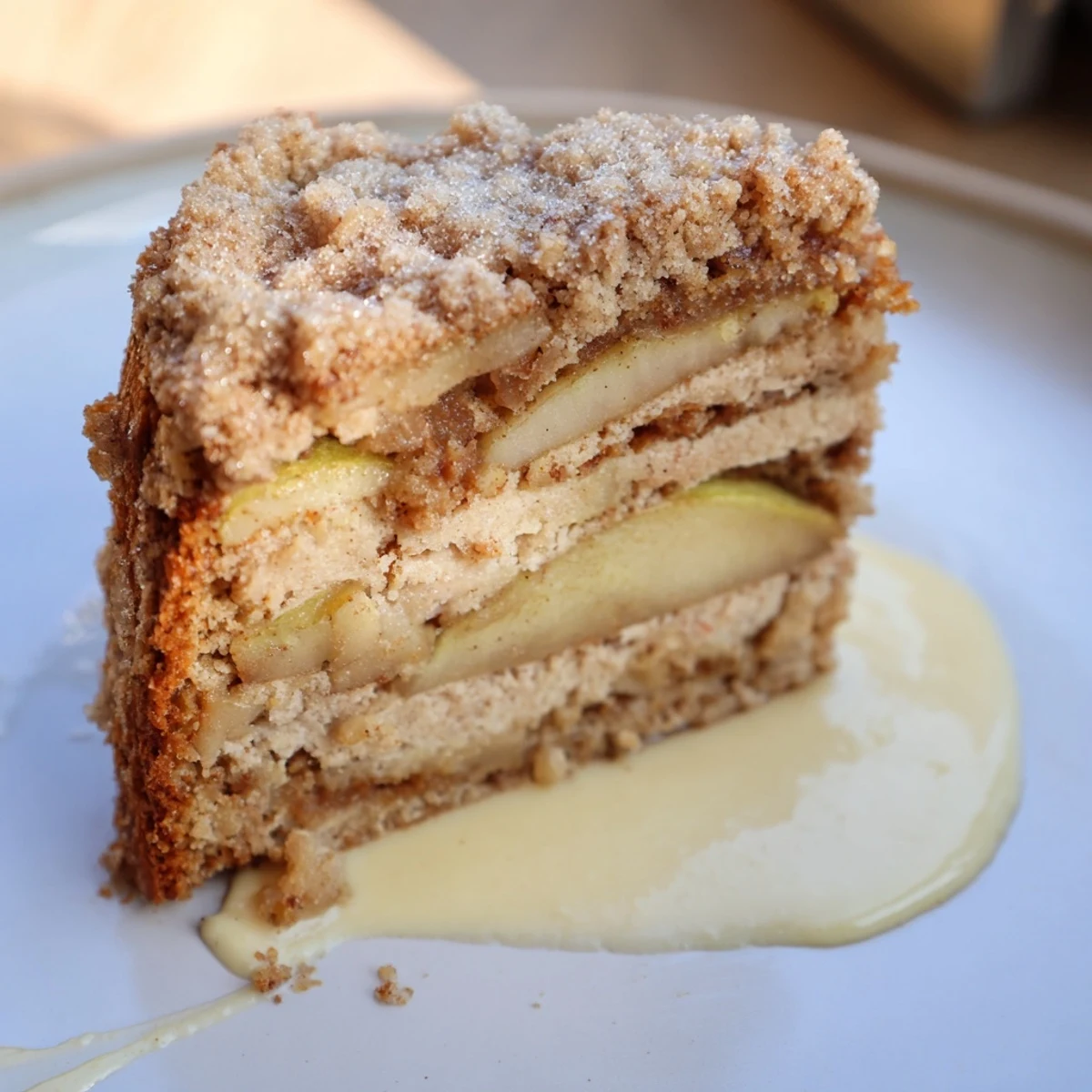 Freshly baked Irish Apple Cake with tender, spiced apples peeking out from a golden, crumbly top crust.