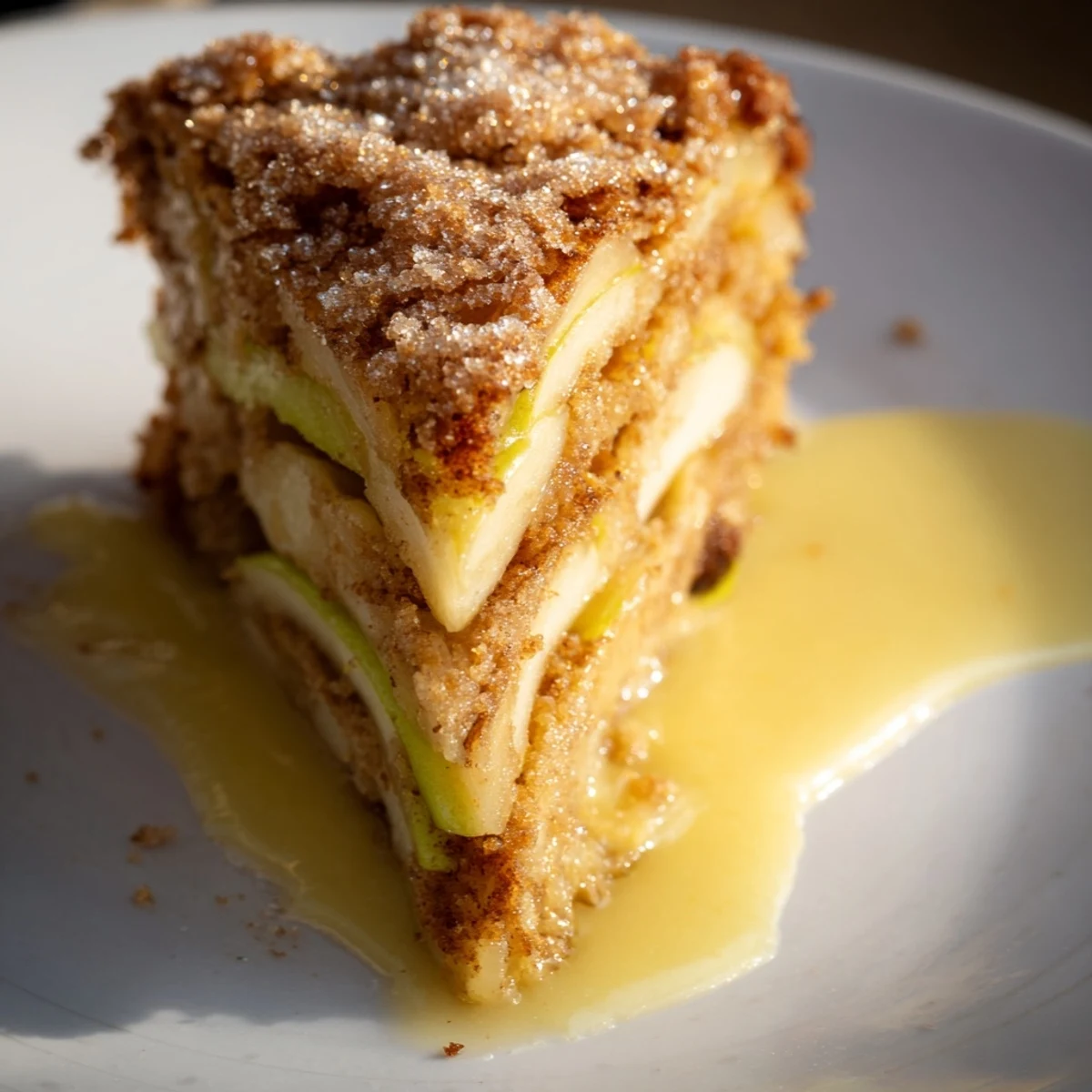 A slice of Irish Apple Cake rests on a plate, drizzled with warm, velvety vanilla custard.