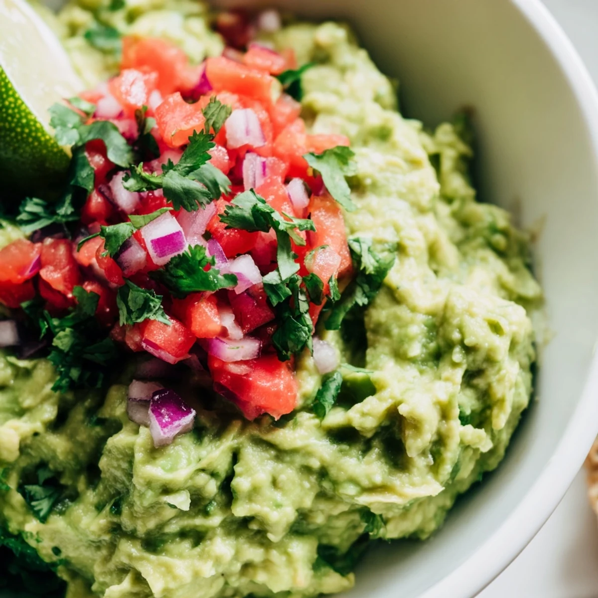 Creamy guacamole with fresh pico de gallo and lime, topped with diced tomatoes, onions, cilantro, and jalapeños in a rustic serving bowl.