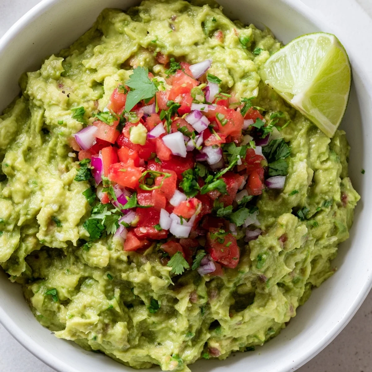 Homemade guacamole with pico de gallo and lime, garnished with cilantro, served with crunchy tortilla chips for a classic party appetizer.