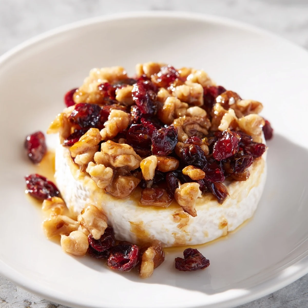 A close-up of warm, melted Baked Brie with Cranberry and Pecan Topping, bubbling over a golden-brown cheese wheel. 