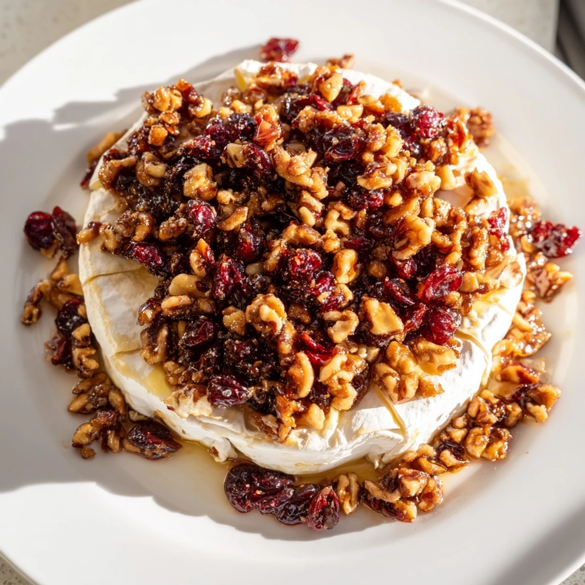 Golden-brown Baked Brie with Cranberry and Pecan Topping, served on a rustic wooden board with crackers and a sprig of rosemary. 