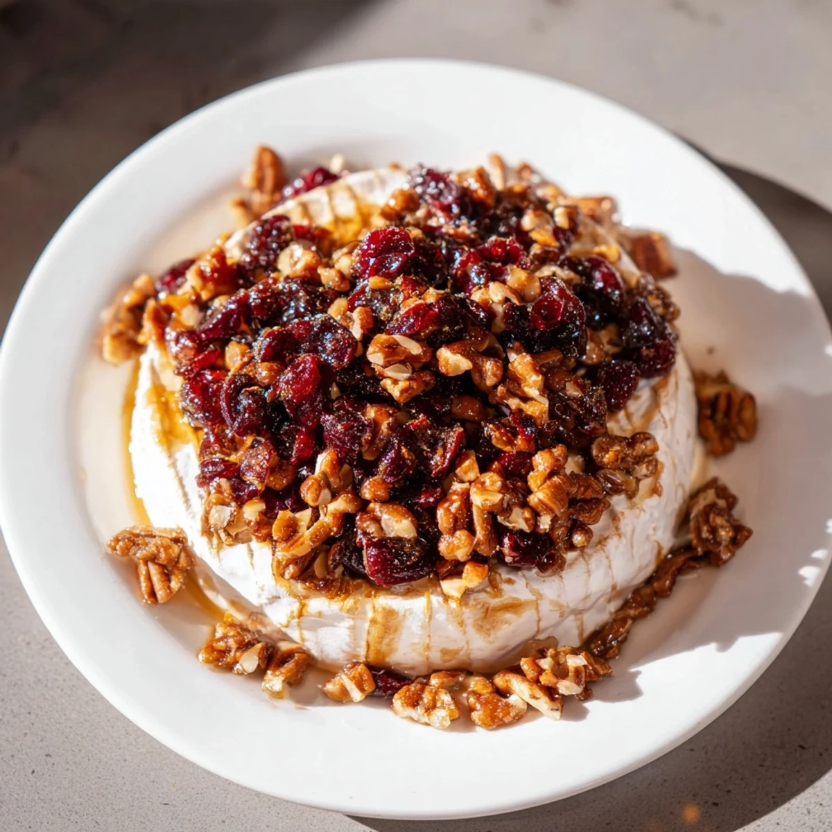 An overhead shot of a festive appetizer spread featuring Baked Brie with Cranberry and Pecan Topping, surrounded by sliced baguette and wine glasses.