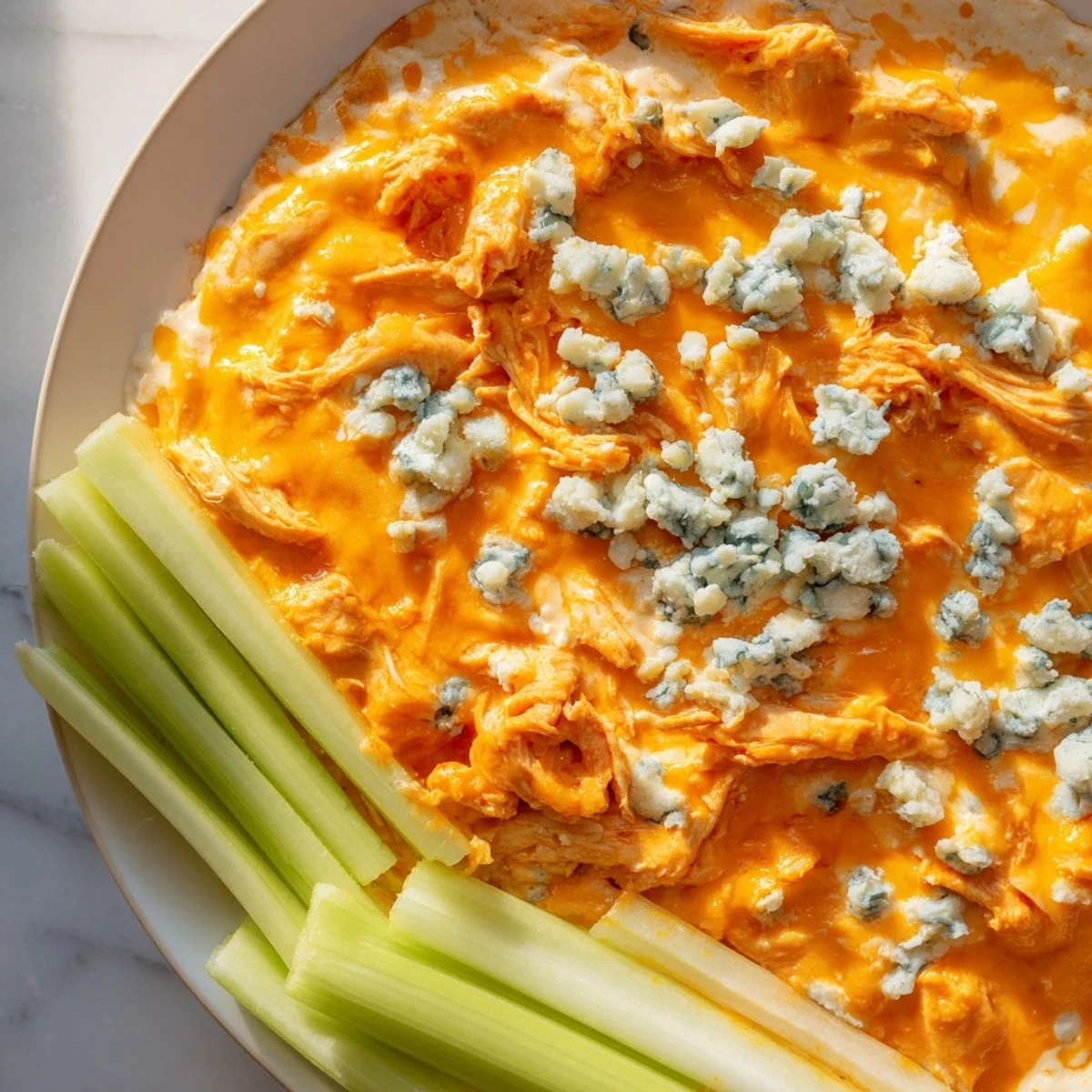 Creamy, tangy Spicy Buffalo Chicken Dip paired with crunchy celery sticks, ready for game day snacking or a party appetizer spread.