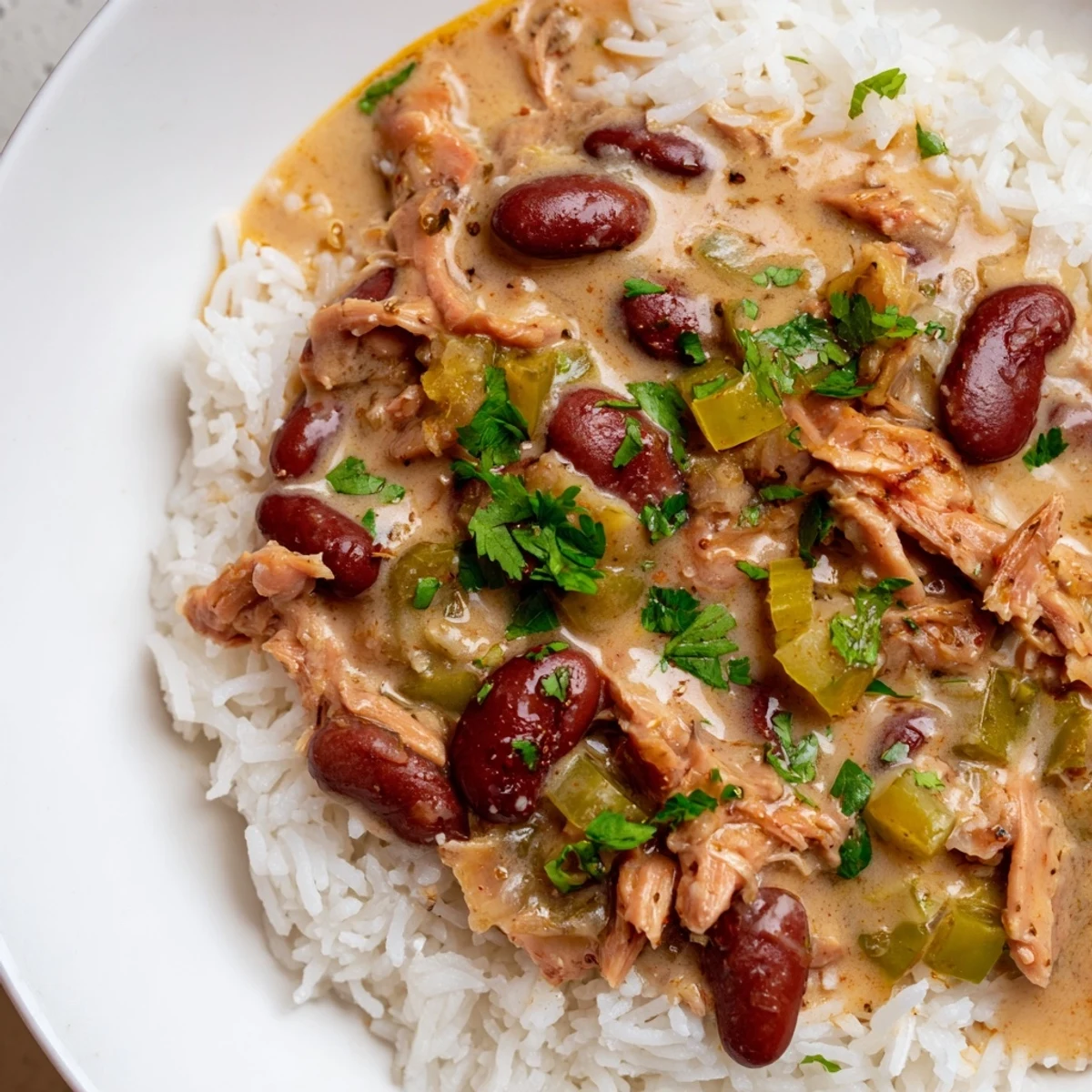 Savory Creole Red Beans and Rice with Smoked Turkey bubbling in a pot, garnished with fresh parsley and a dash of Creole spices.