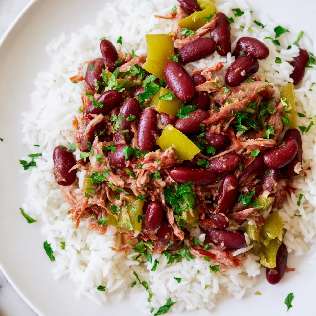 Warm serving of Creole Red Beans and Rice with Smoked Turkey, paired with fluffy white rice and fresh parsley for a comforting meal.