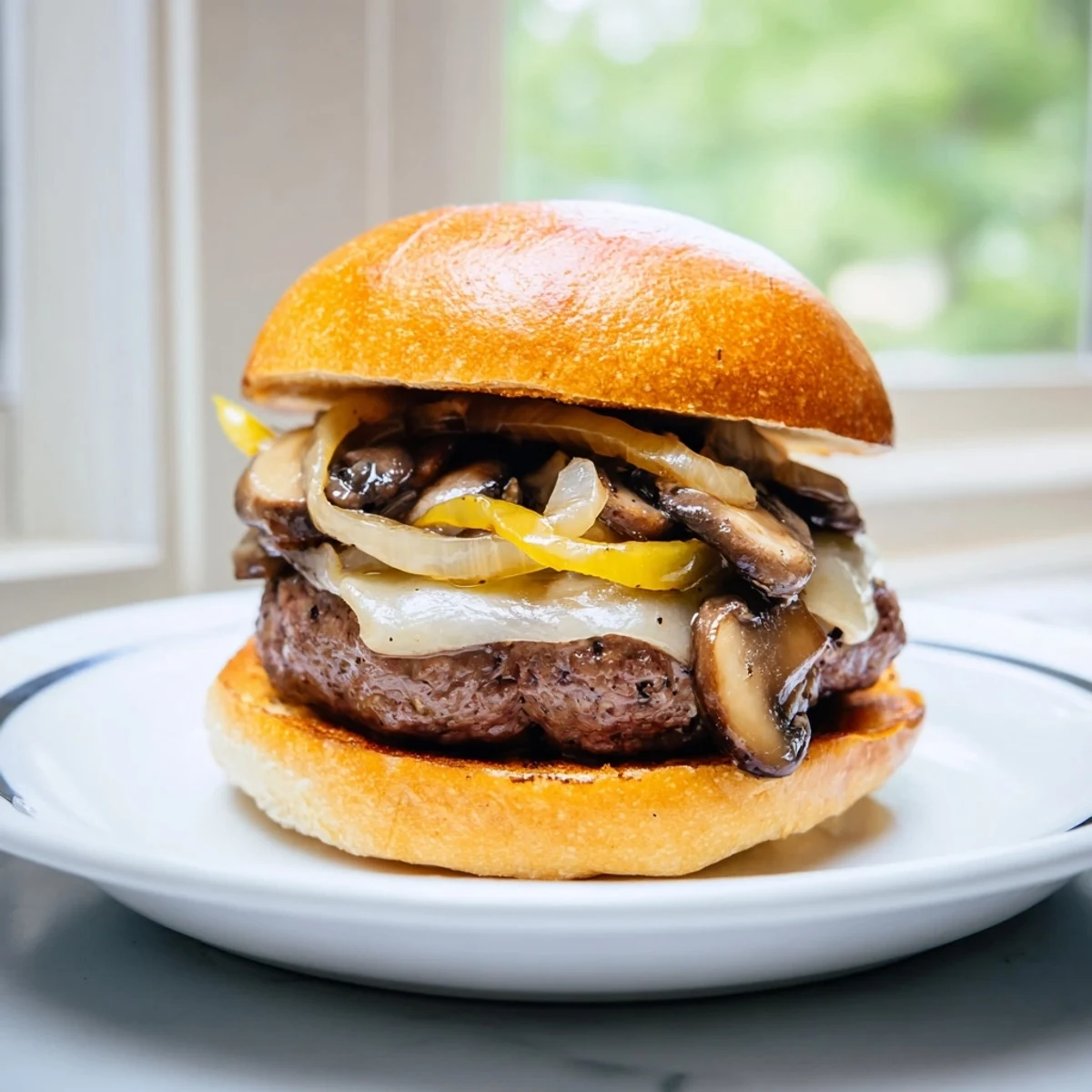 A close-up of the Beef Burger with Caramelized Onions and Mushrooms, featuring a juicy patty and toasted bun.