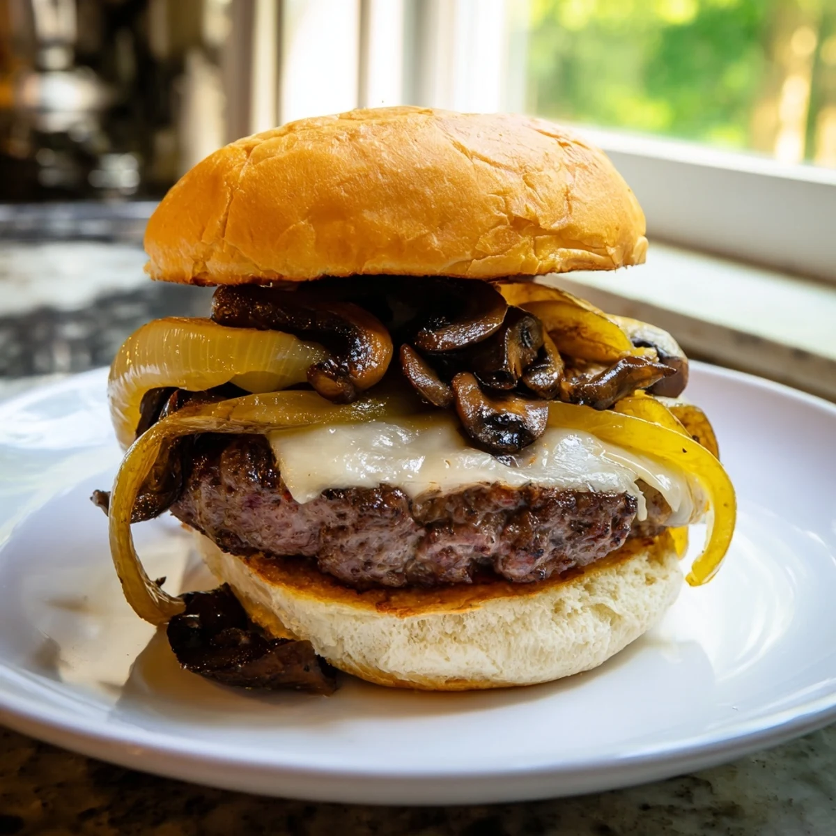 Golden caramelized onions and sautéed mushrooms top this gourmet Beef Burger with Caramelized Onions and Mushrooms.