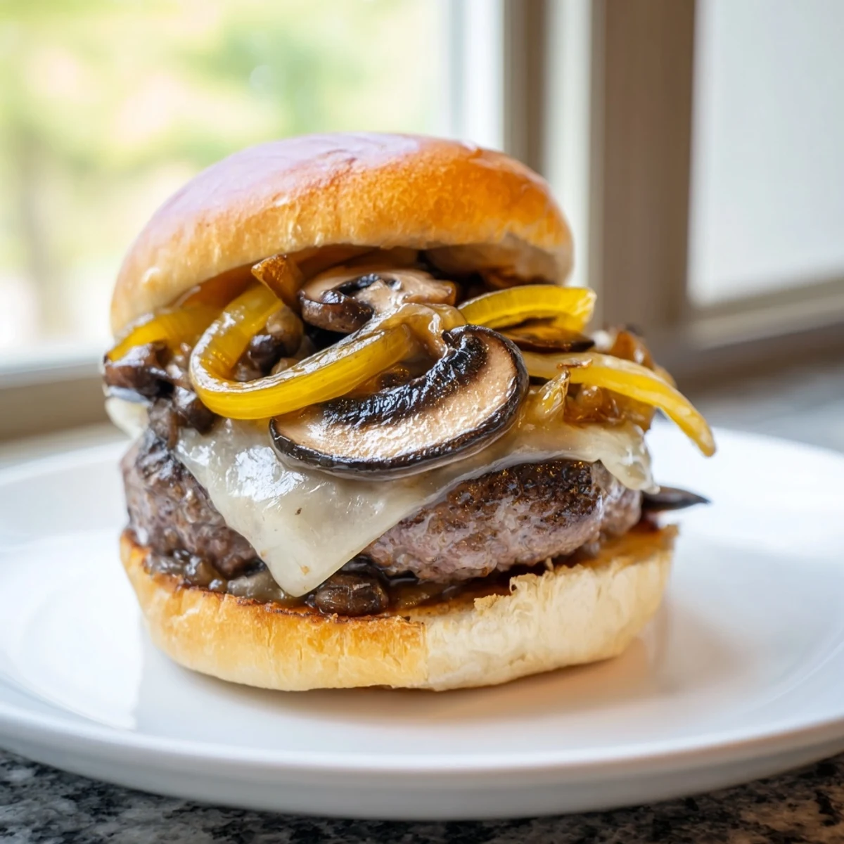 An inviting Beef Burger with Caramelized Onions and Mushrooms on a plate, with melted cheese and fresh lettuce.