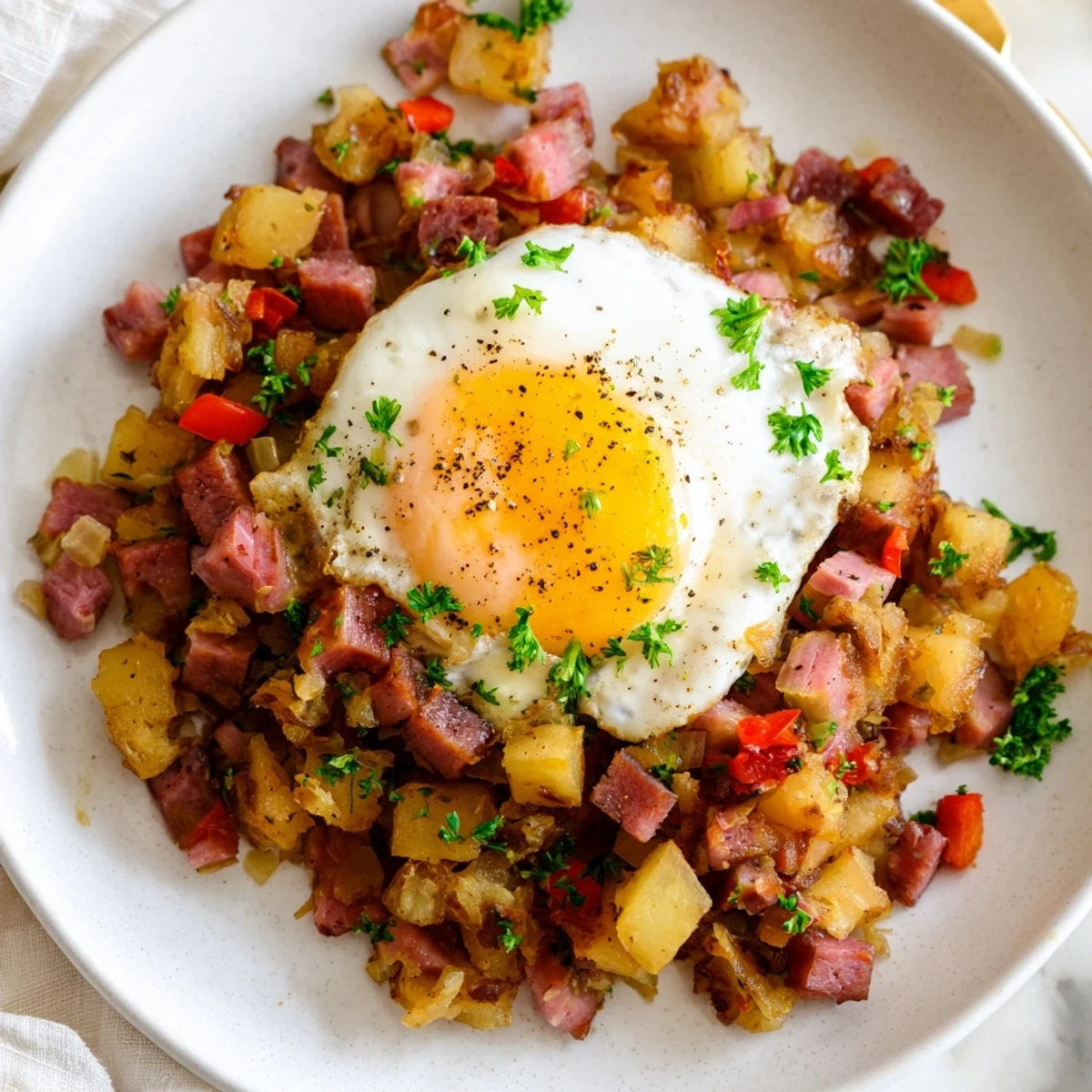 A golden skillet of crispy corned beef hash topped with two soft poached eggs, garnished with fresh parsley for a savory brunch dish.