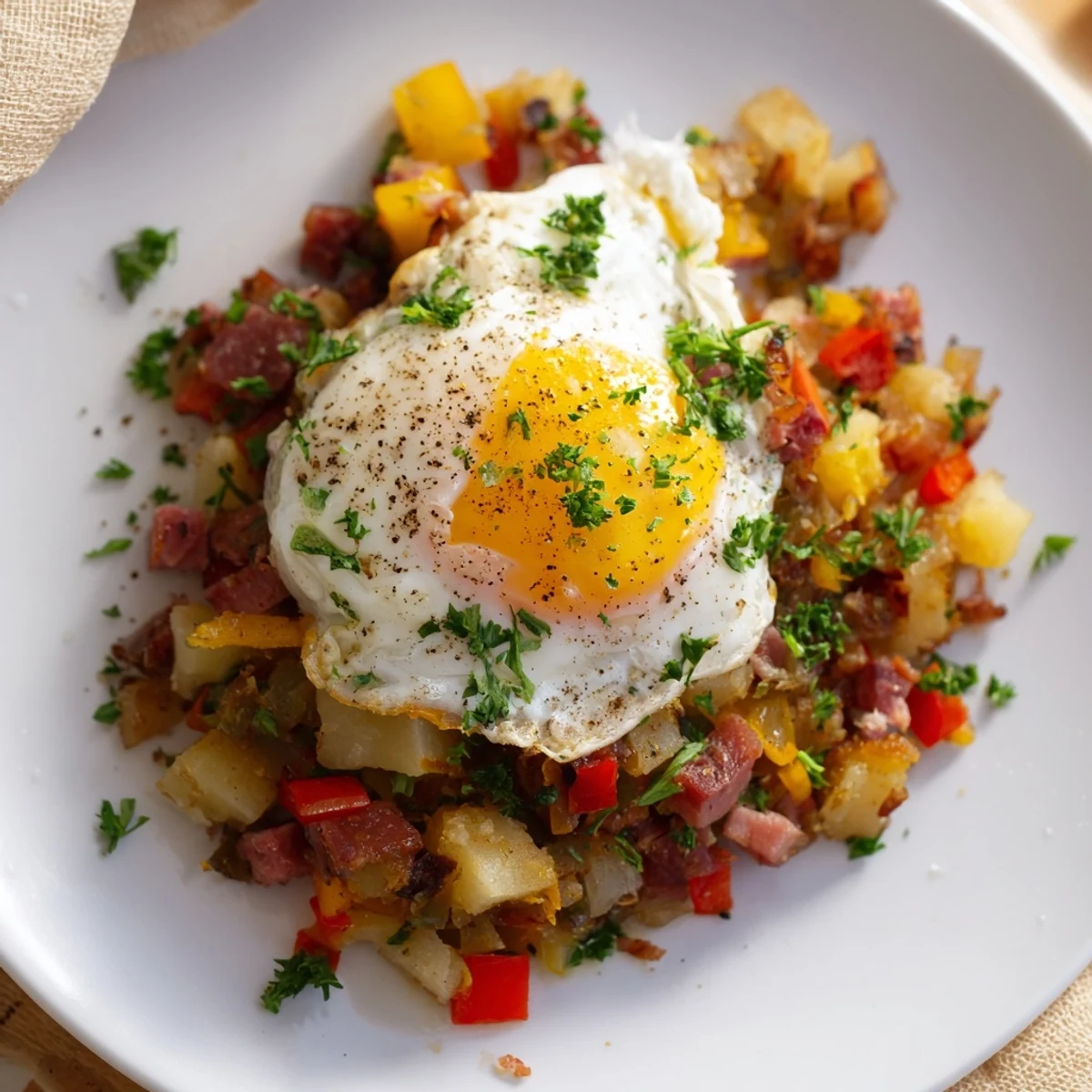 Perfectly poached eggs with runny yolks spill over a hearty corned beef hash made with russet potatoes and sautéed peppers.