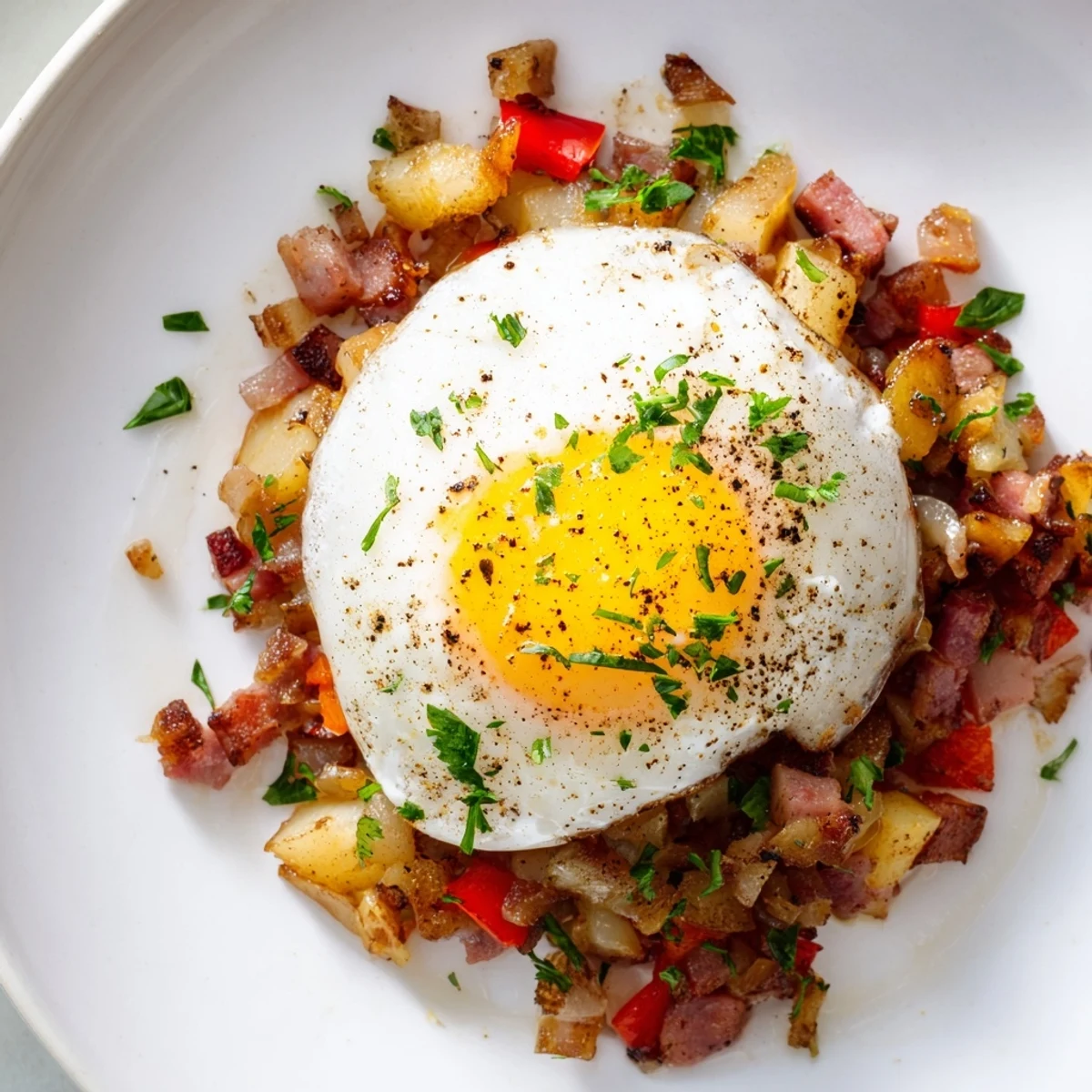Hearty American breakfast of golden corned beef hash and poached eggs, served on a white plate with parsley garnish.