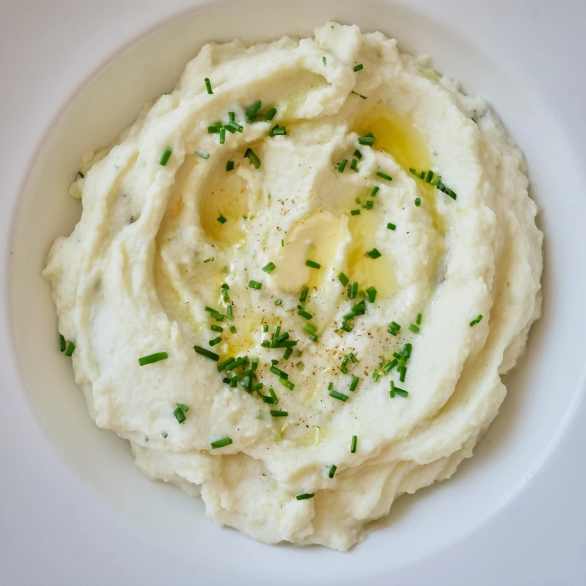 A close-up of Roasted Garlic Mashed Cauliflower in a rustic ceramic bowl, garnished with fresh chives and a pat of melting butter.