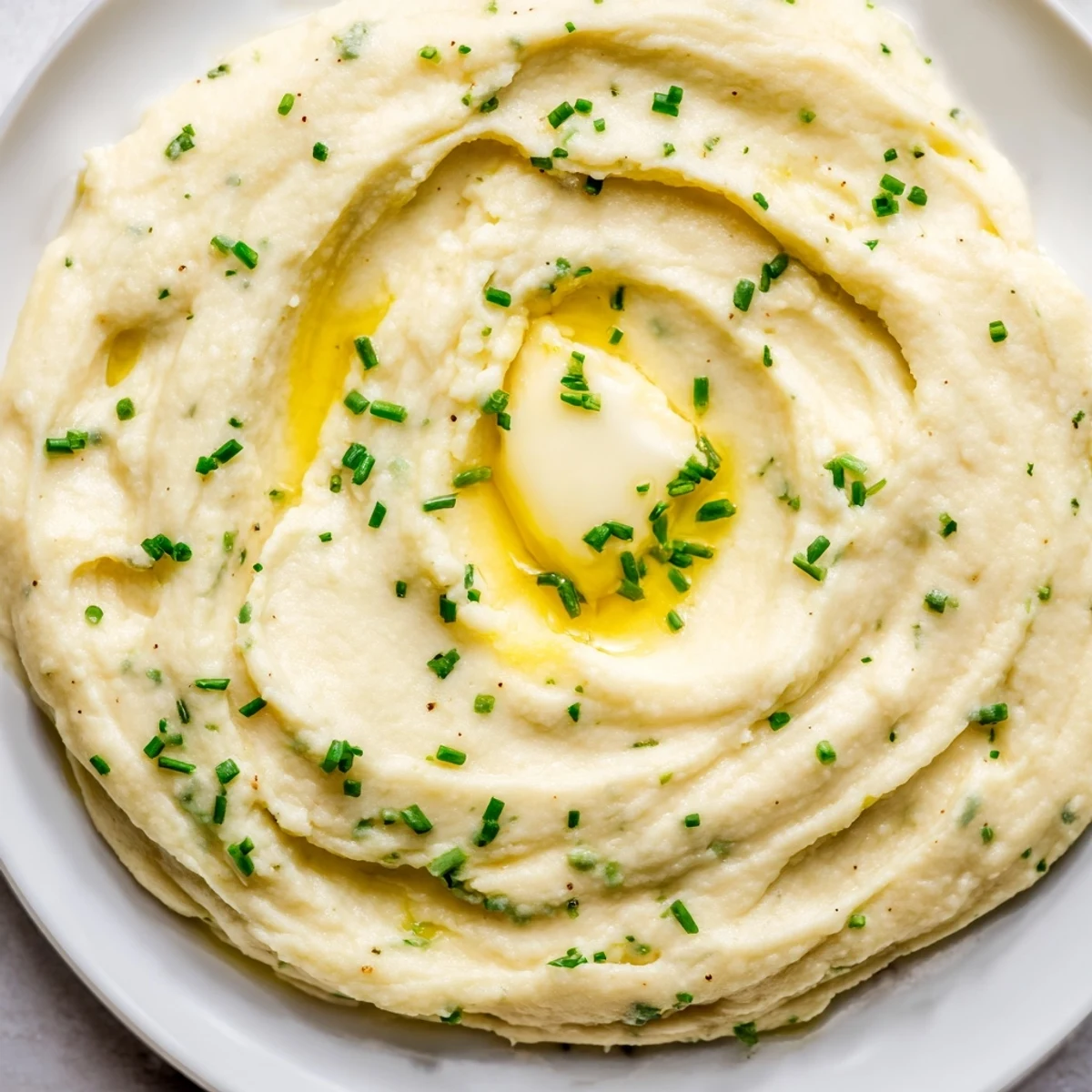 In a white serving dish, creamy Roasted Garlic Mashed Cauliflower is steaming, with a wooden spoon ready for a low-carb side dish.