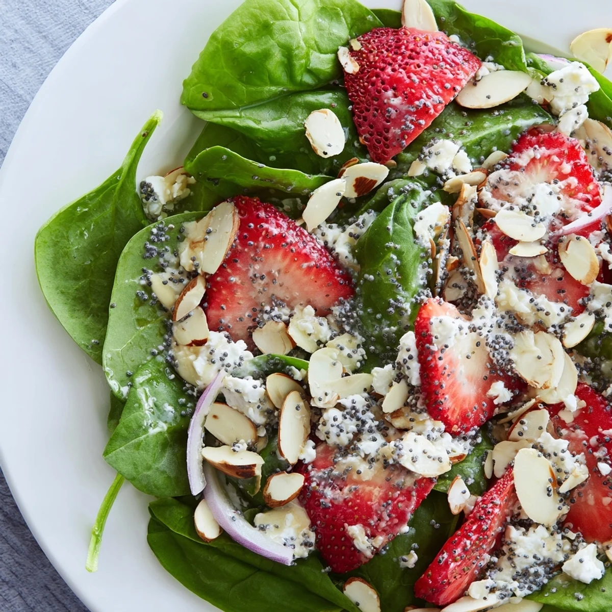 Vibrant fresh spinach and sliced strawberries tossed with tangy feta and crunchy almonds, drizzled with homemade poppy seed dressing in this Strawberry Spinach Salad.