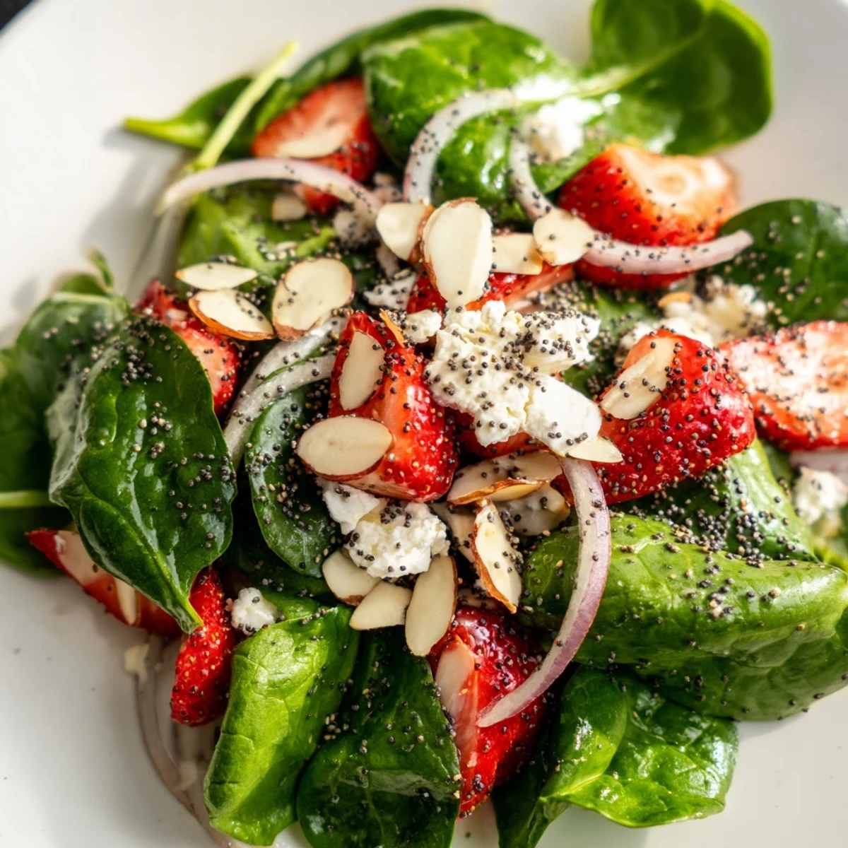 Bright red strawberries and tender baby spinach leaves create a colorful bed for creamy feta, sliced almonds, and a sweet-tangy poppy seed dressing.