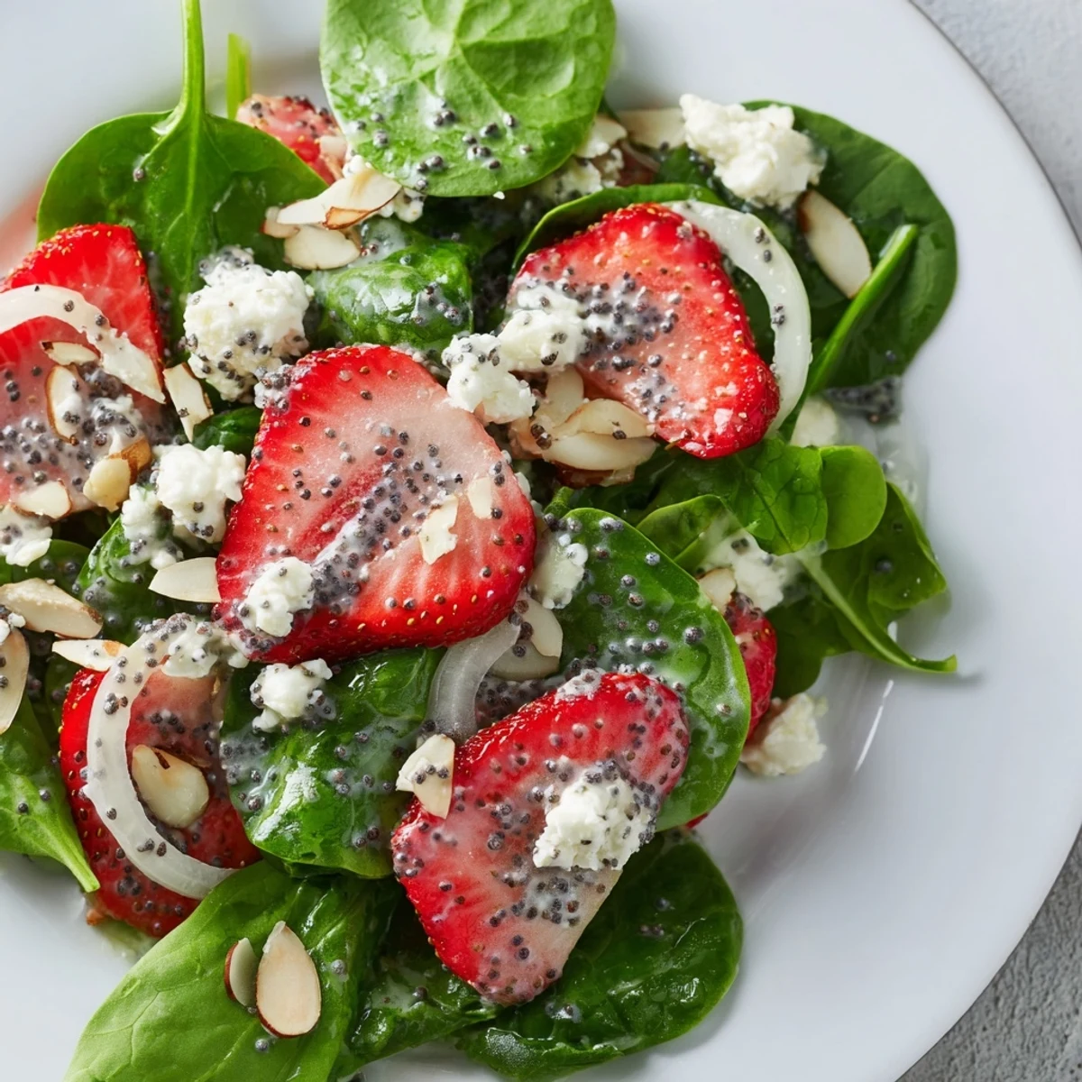 Ready in 15 minutes, this refreshing Strawberry Spinach Salad features sweet berries, crisp vegetables, and a zesty poppy seed vinaigrette, perfect for summer gatherings.