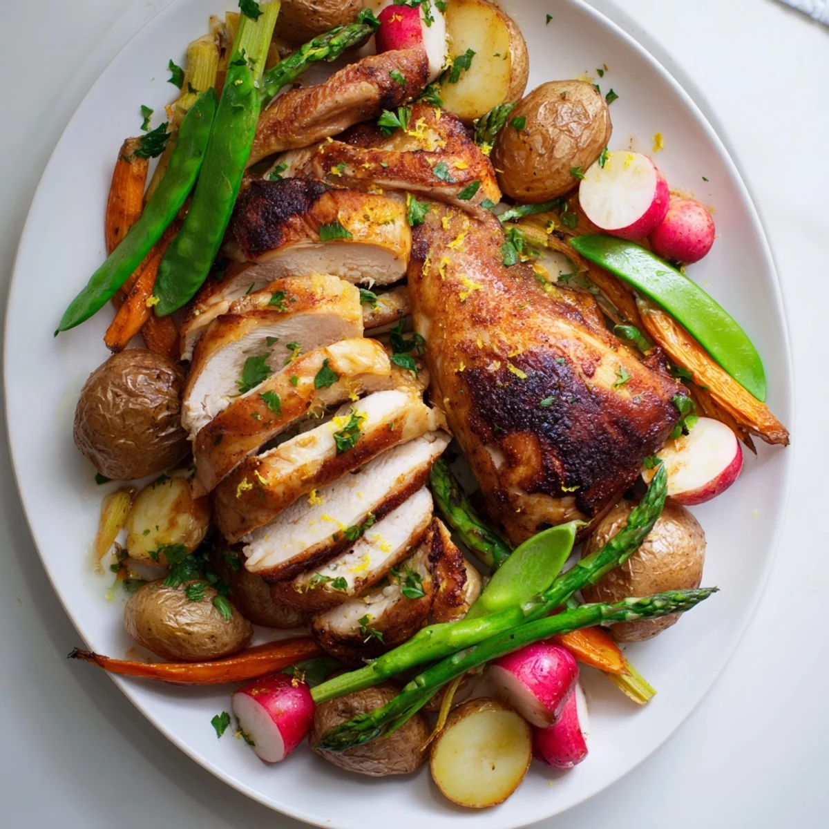 Golden roasted chicken sits atop a bed of tender asparagus, carrots, and baby potatoes, garnished with fresh parsley for a bright family dinner.  