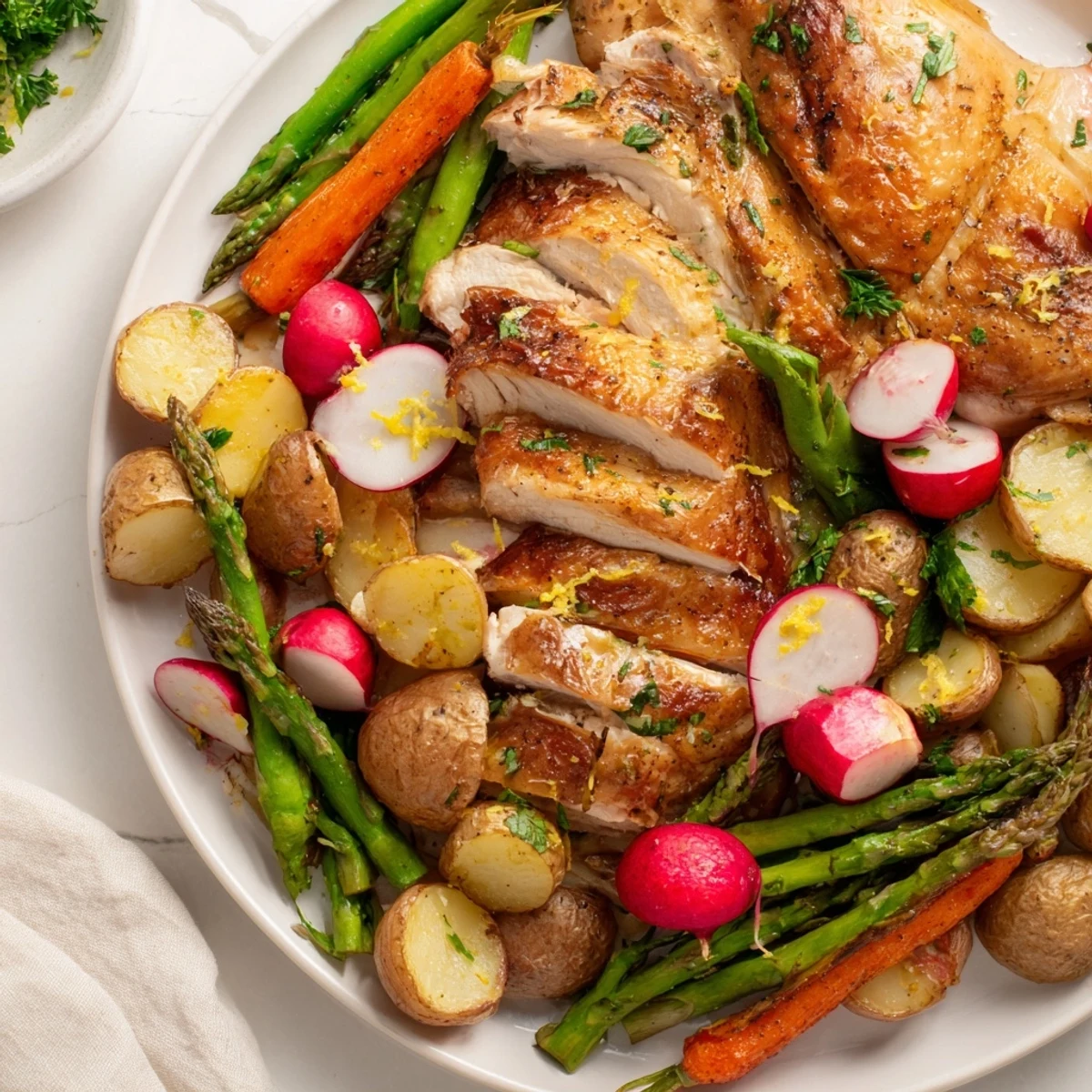 A beautifully carved Roasted Chicken with Spring Vegetables is arranged beside glazed carrots and asparagus, ready for a wholesome American meal.