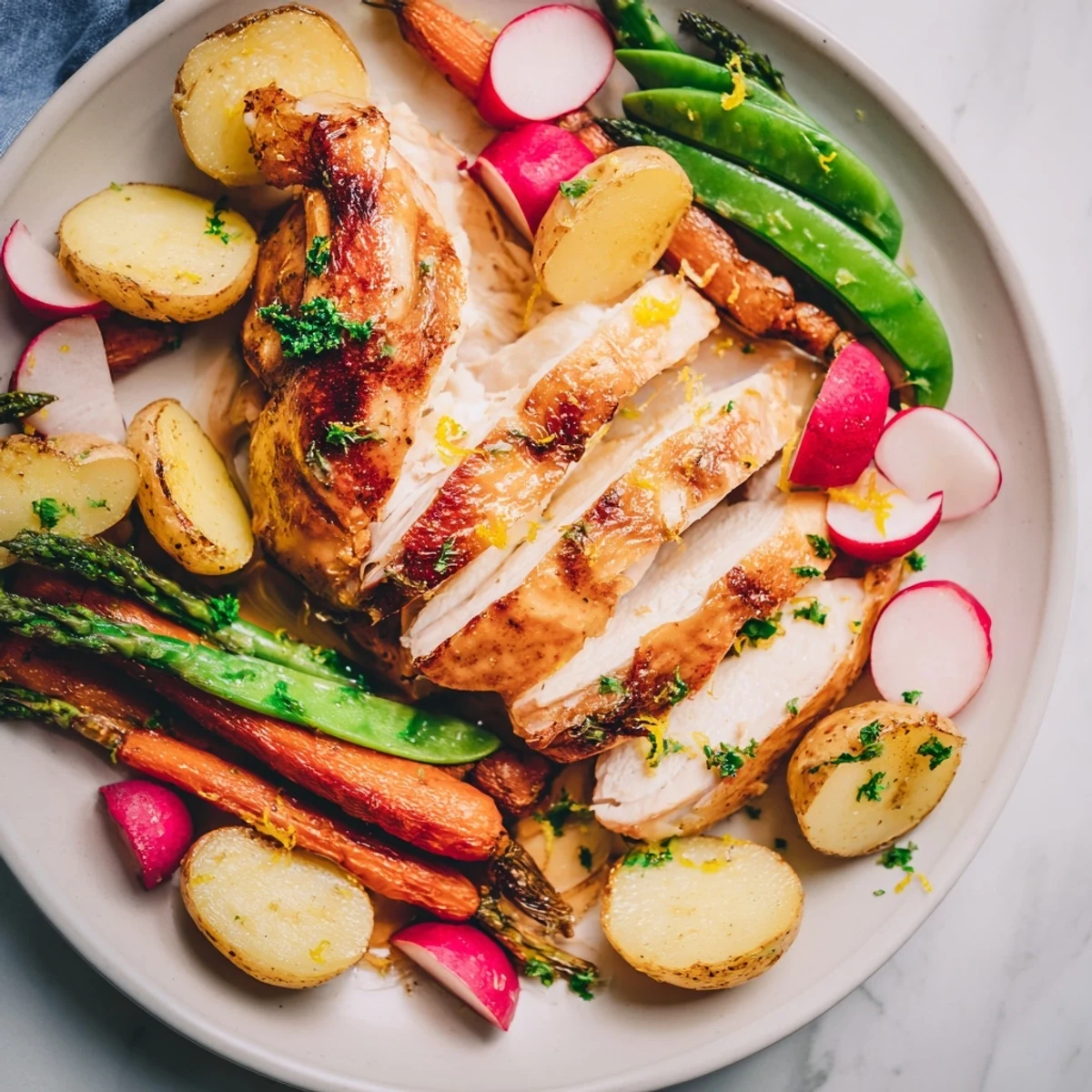 Juicy roasted chicken with spring vegetables is served on a rustic platter, featuring radishes, snap peas, and lemon zest for vibrant flavor.  