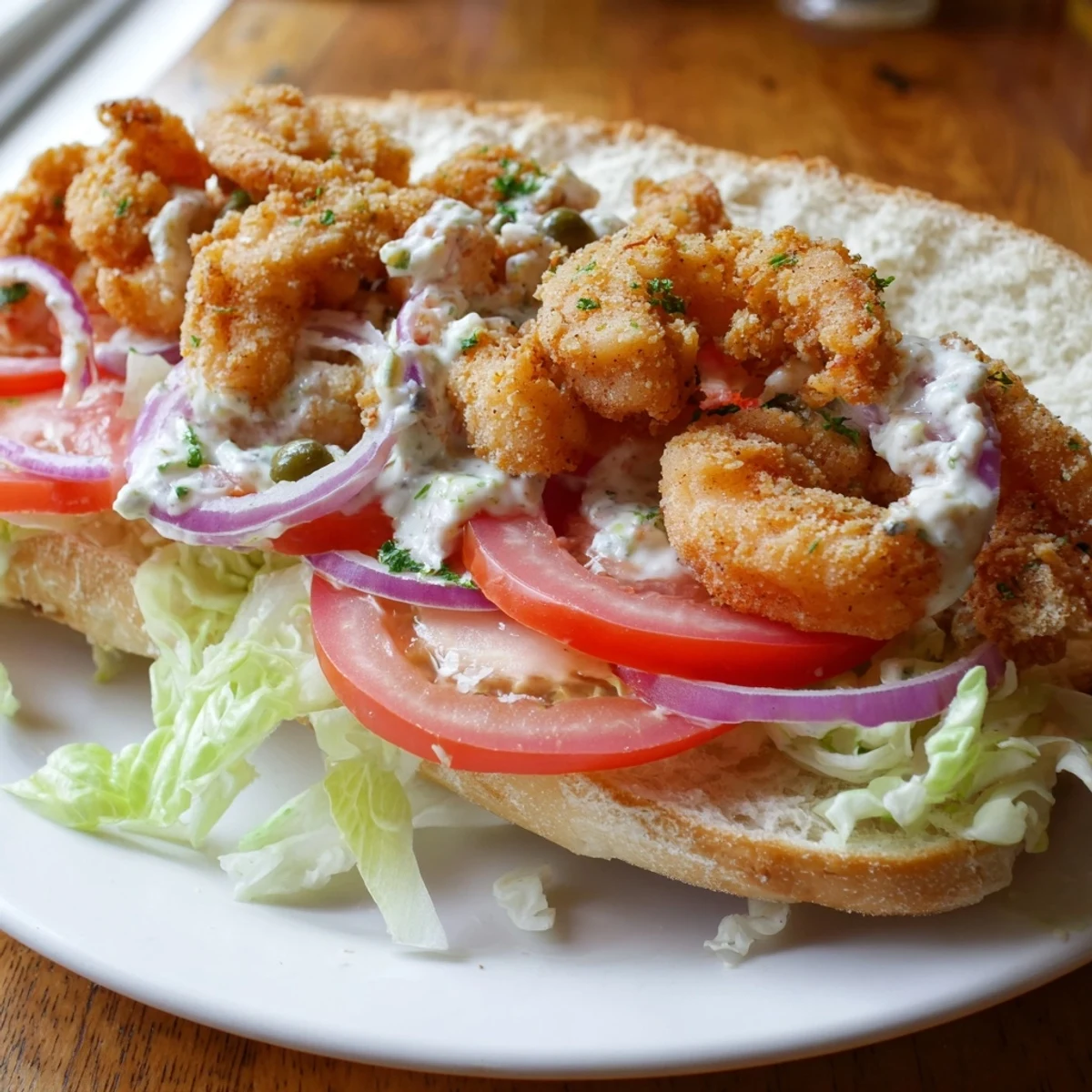 Golden fried shrimp piled high on a crusty baguette, layered with crisp lettuce, tomato, and homemade spicy remoulade sauce.