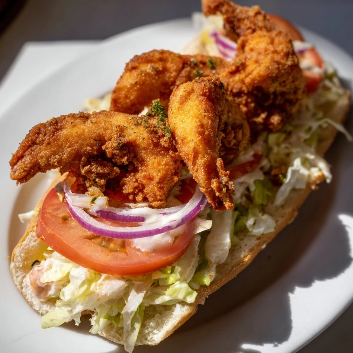 Mardi Gras Shrimp Po Boy with Remoulade, served on a toasted roll with dill pickle slices and Cajun seasonings.