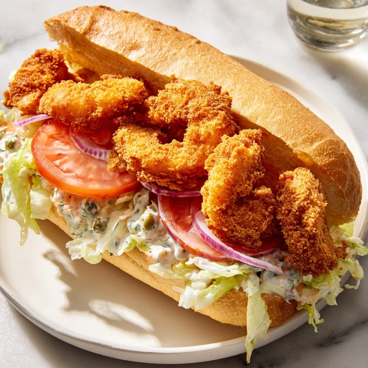 Crispy Cajun fried shrimp in a toasted French baguette with remoulade, lettuce, tomato, and onion for a festive bite.