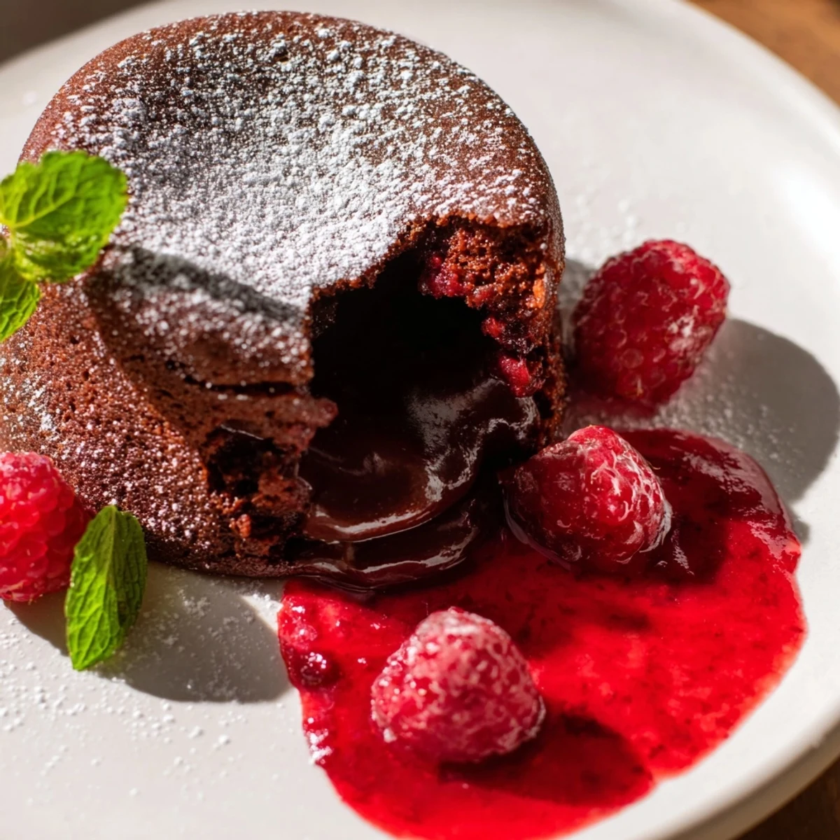 Decadent chocolate lava cakes on dessert plates with fresh raspberries and a drizzle of tangy raspberry coulis.