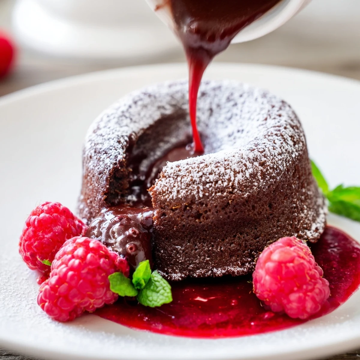 Freshly baked chocolate lava cakes showing a rich molten center, garnished with mint and raspberry coulis.